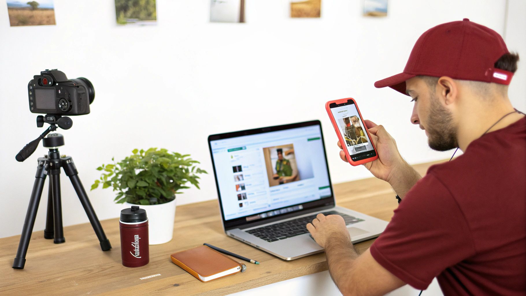 גבר צעיר עם כובע אדום יושב ליד שולחן עץ, מביט בטלפון ובמחשב נייד, לידו מצלמה על חצובה וצמח.