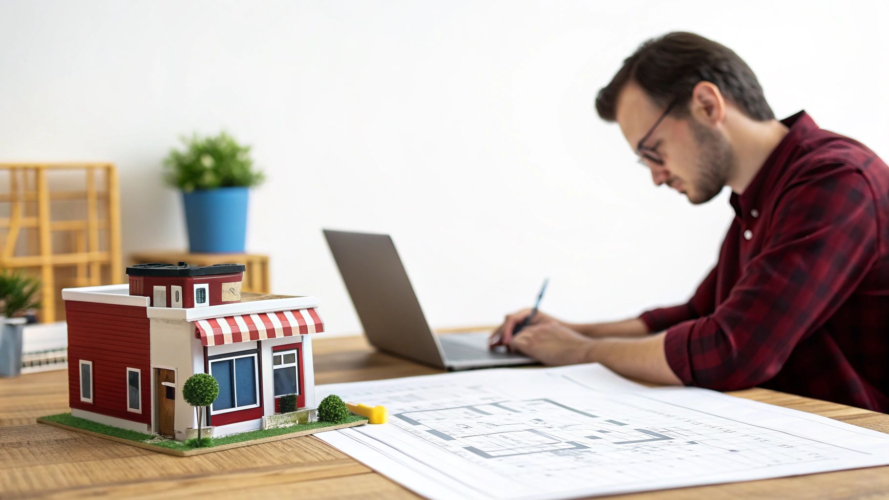 אדריכל צעיר עם משקפיים עובד על תוכניות בנייה ליד דגם בית אדום.