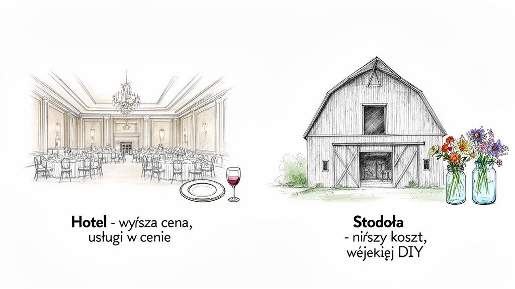 Porównanie miejsc na wesele: elegancki hotel z usługami w cenie i rustykalna stodoła na wesele DIY.