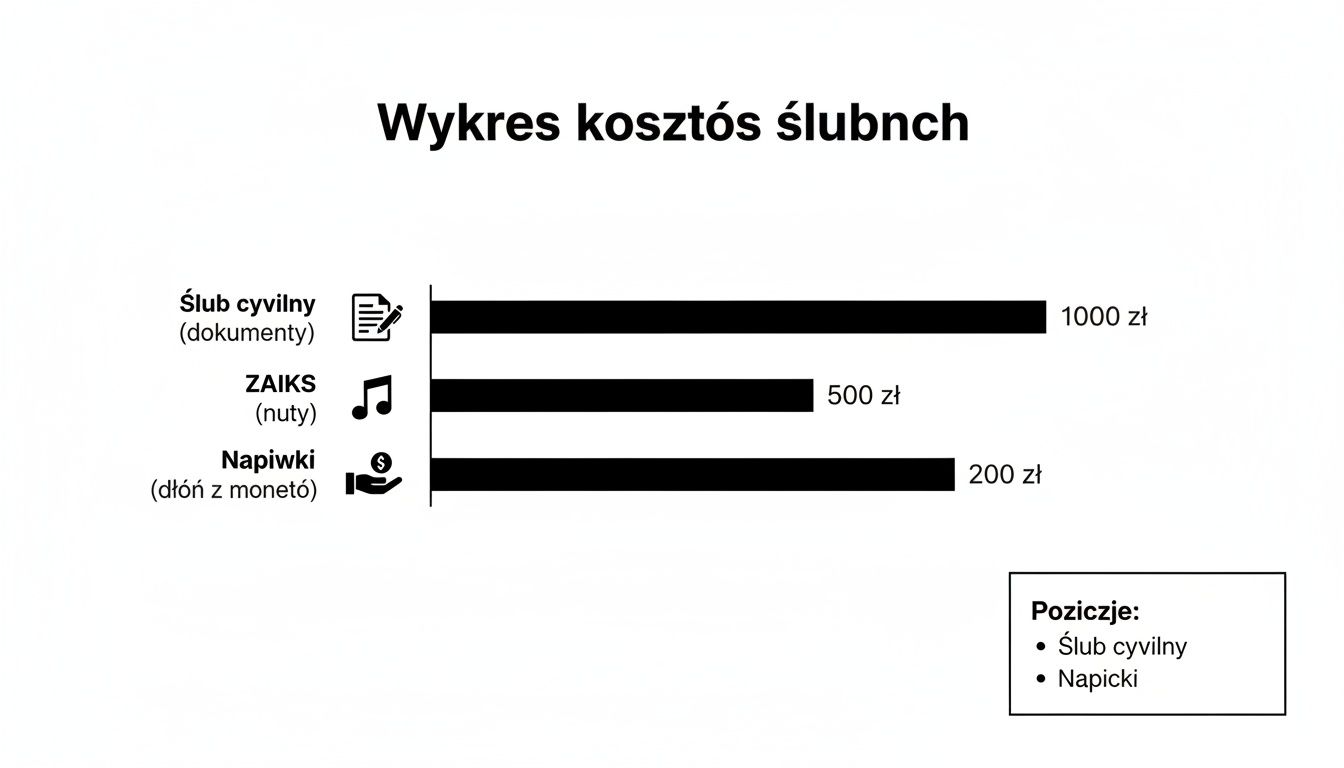 Wykres słupkowy prezentujący koszty ślubu cywilnego, ZAIKS i napiwków. Wartości podano w złotówkach.