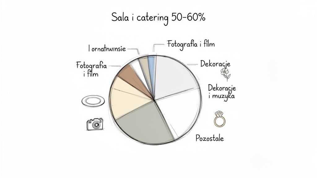 Diagram kołowy przedstawiający podział kosztów wesela na główne kategorie, takie jak sala, catering, fotografia, dekoracje i muzyka.