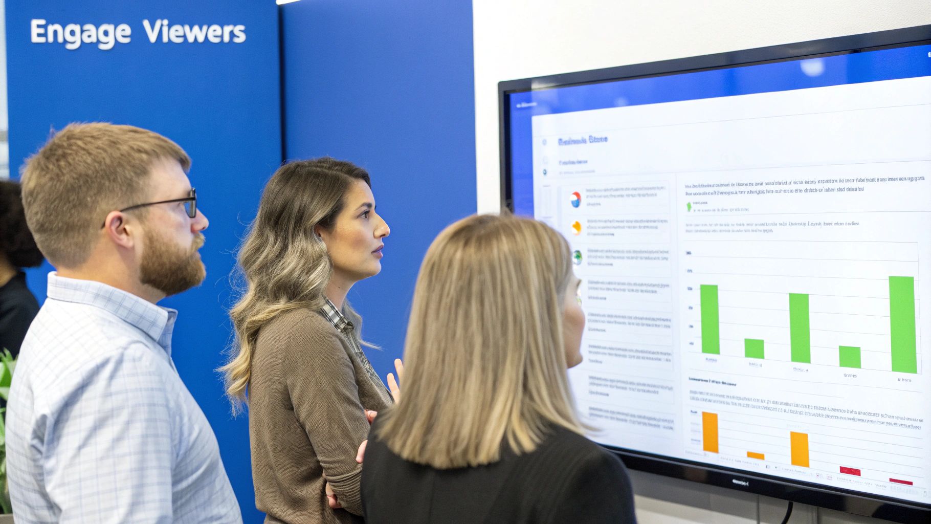 A person interacting with a video on a laptop screen, with interactive elements popping up