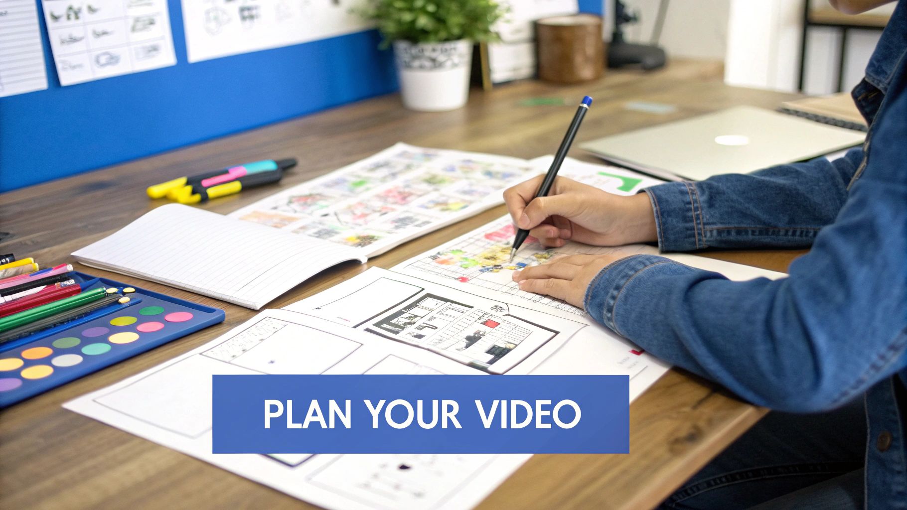 A person drawing a flowchart on a whiteboard, representing the planning phase of an interactive video.