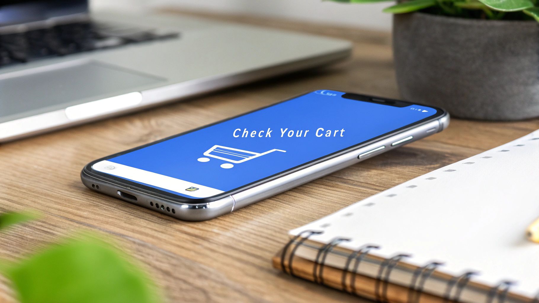A mobile phone screen displaying a push notification for an abandoned cart with a "Complete Your Order" button.