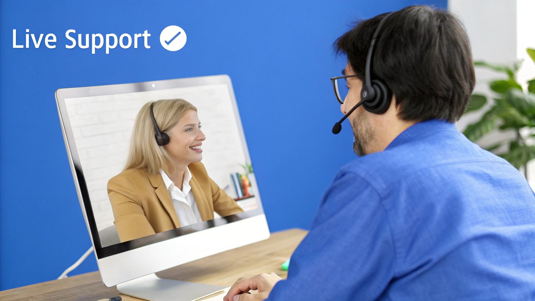 A support agent uses a headset to help a customer via video call on a laptop.