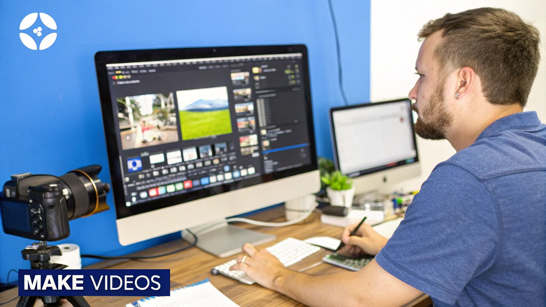 A conceptual image of an AI brain connected to video editing timelines and interactive elements