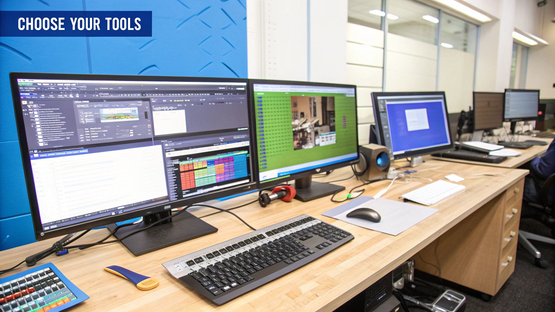 A person sitting at a desk comparing different interactive video platform interfaces on a large monitor.