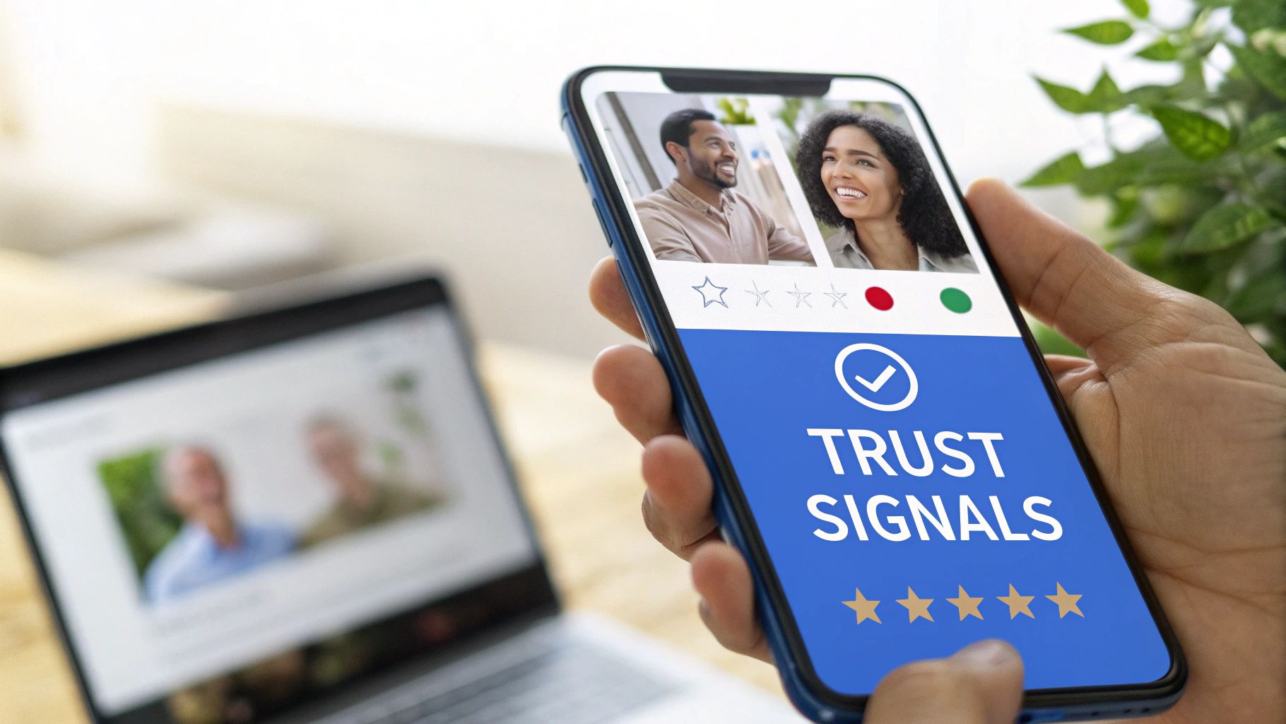 A customer testimonial with a star rating and a user's photo