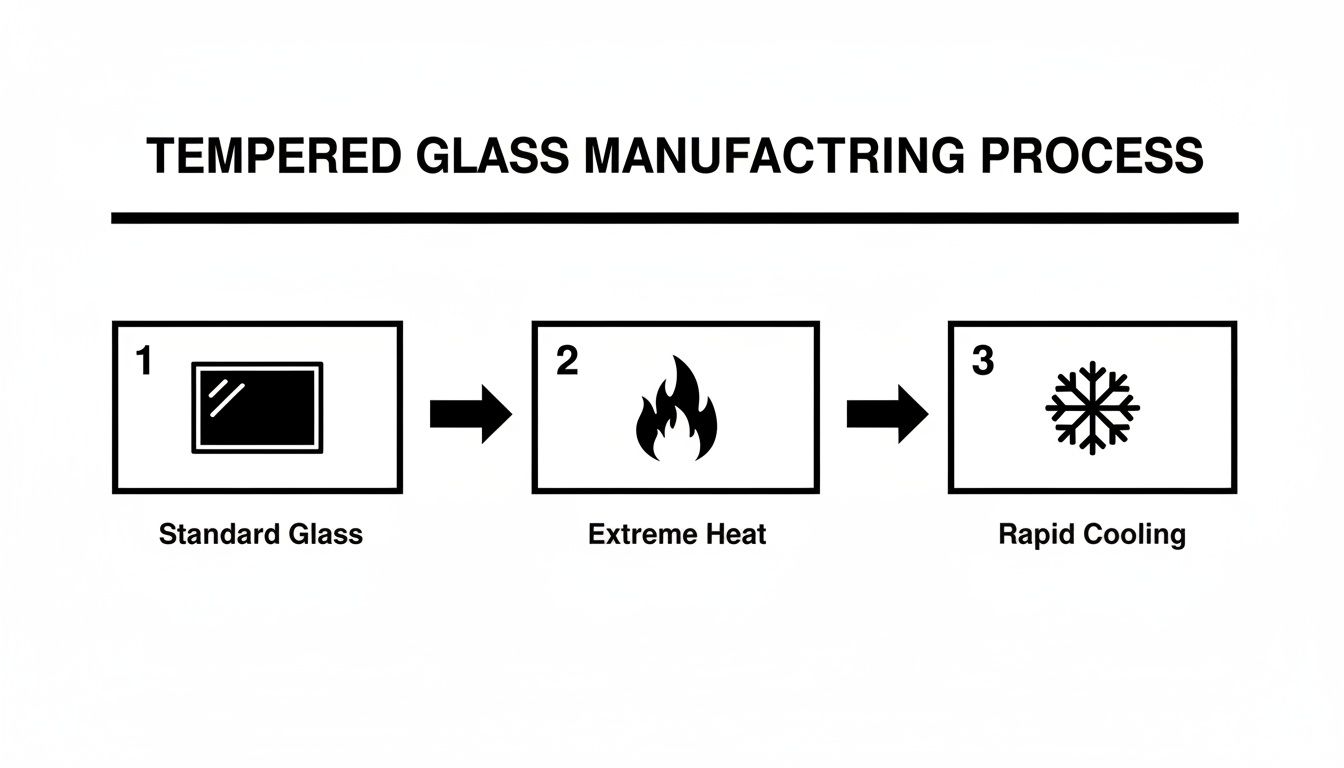 Diagram illustrating the three-step tempered glass manufacturing process: standard glass, extreme heat, and rapid cooling.