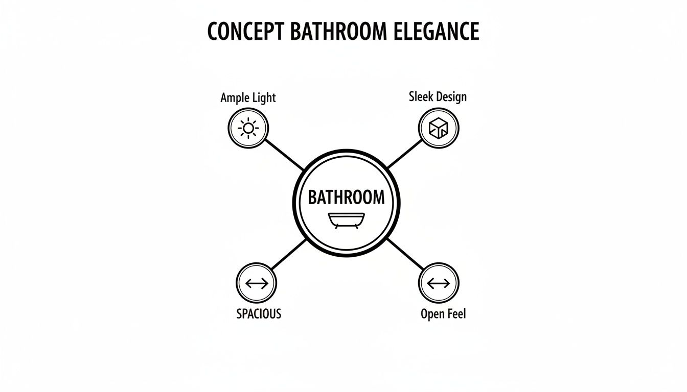 A concept diagram illustrating bathroom elegance with ample light, sleek design, spaciousness, and open feel.