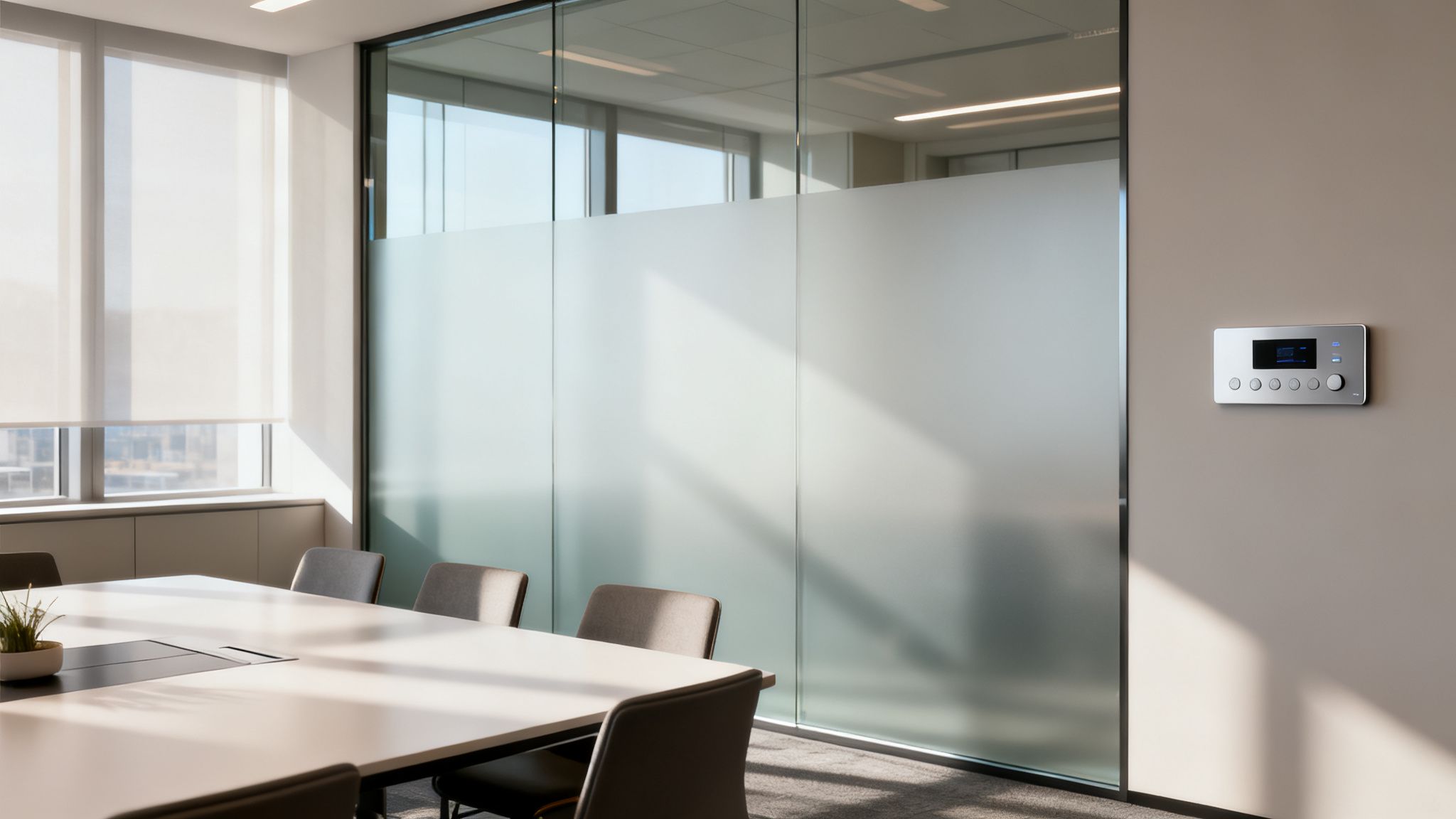 A modern office meeting room with a large table, chairs, a frosted glass wall, and a wall-mounted control panel, bathed in sunlight.