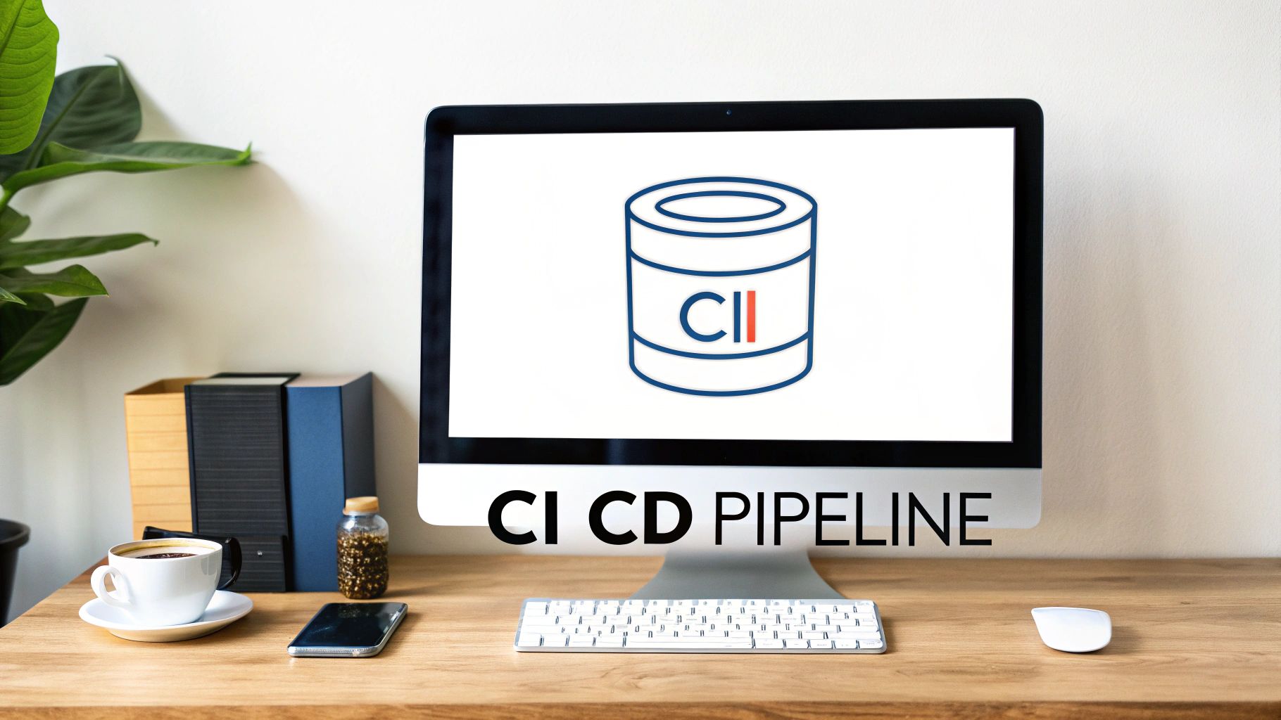 A computer monitor displaying a CI/CD pipeline icon and text on a tidy desk with a coffee cup and phone.