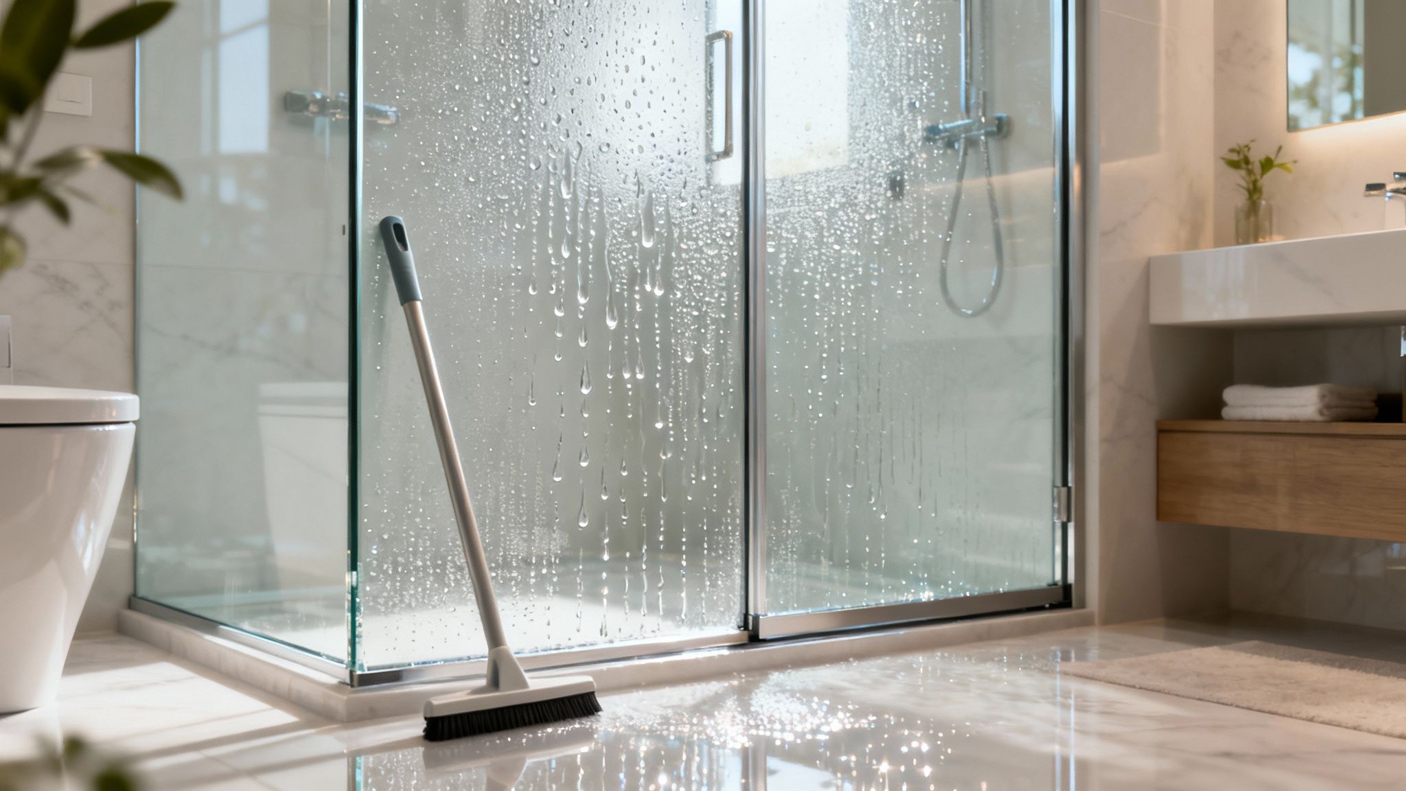 A modern bathroom featuring a wet sliding glass shower door and a cleaning brush on the floor.