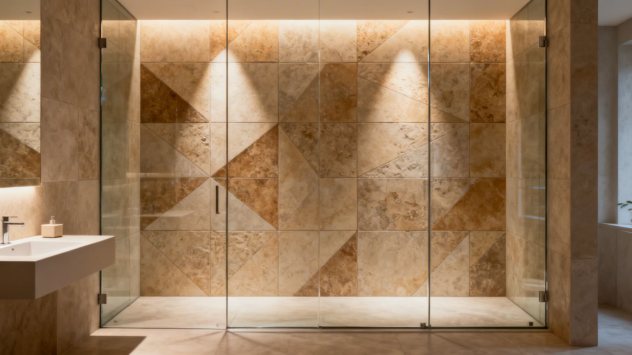 Modern bathroom featuring a spacious walk-in shower with geometric tiled walls and a sleek white vanity.