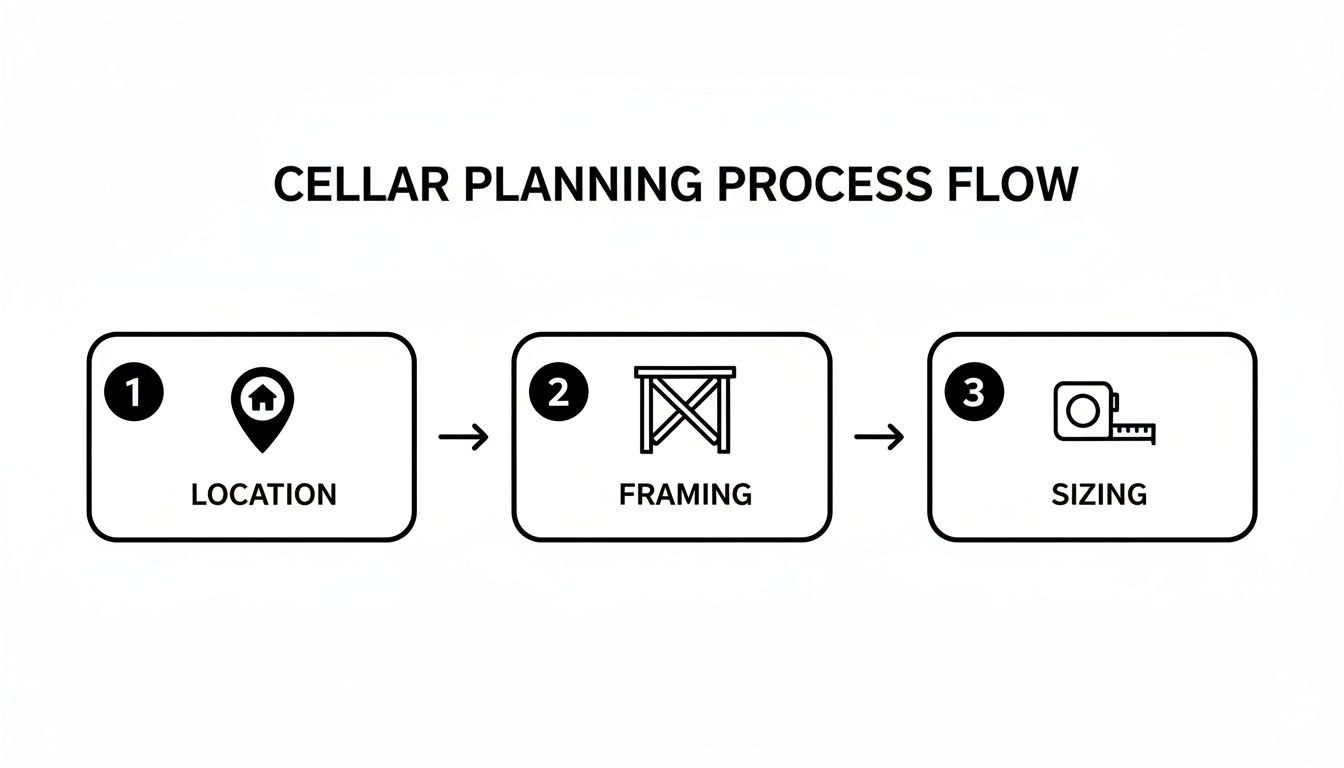 A visual process flow for cellar planning, detailing three steps: location, framing, and sizing.