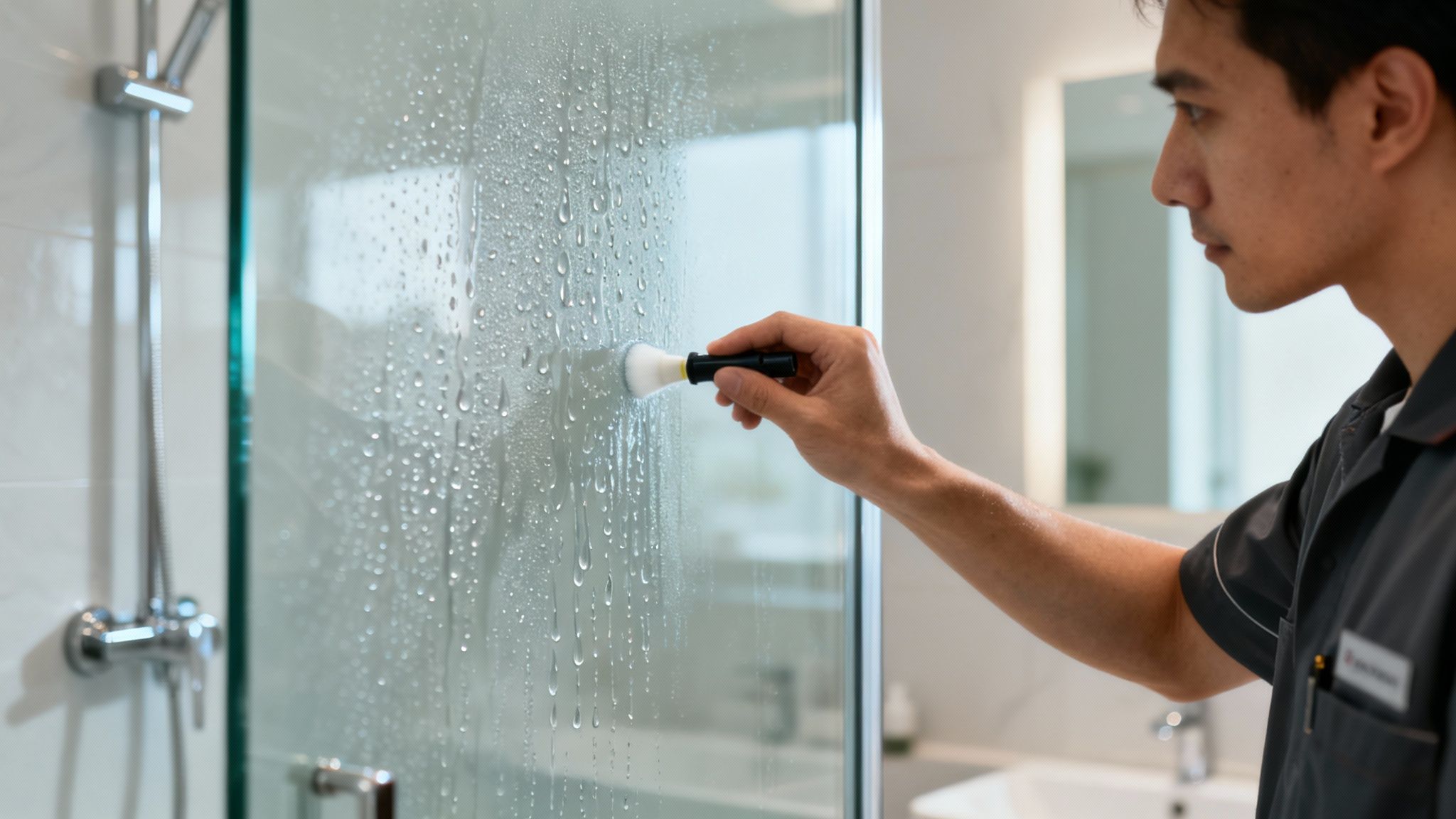 A person's hand using a white brush to clean a wet, water-droplet covered glass shower door.
