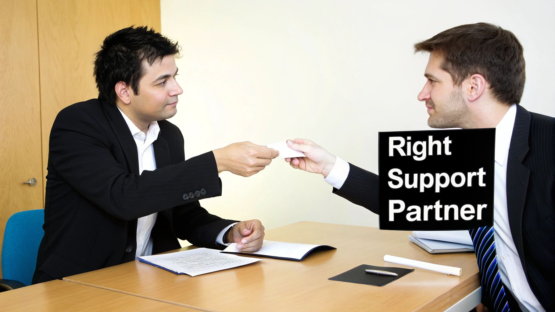 Two professionals in suits exchanging a business card at a table, highlighting a 'Right Support Partner'.