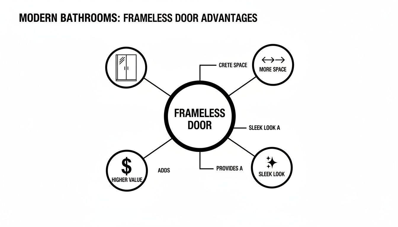 Mind map showing advantages of frameless doors in modern bathrooms, highlighting more space, sleek look, and higher value.