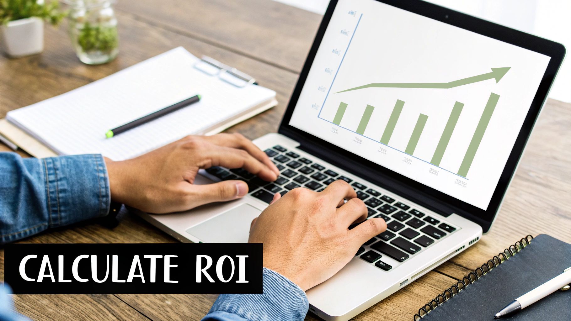 Person typing on a laptop displaying a growth chart and the text 'CALCULATE ROI'.