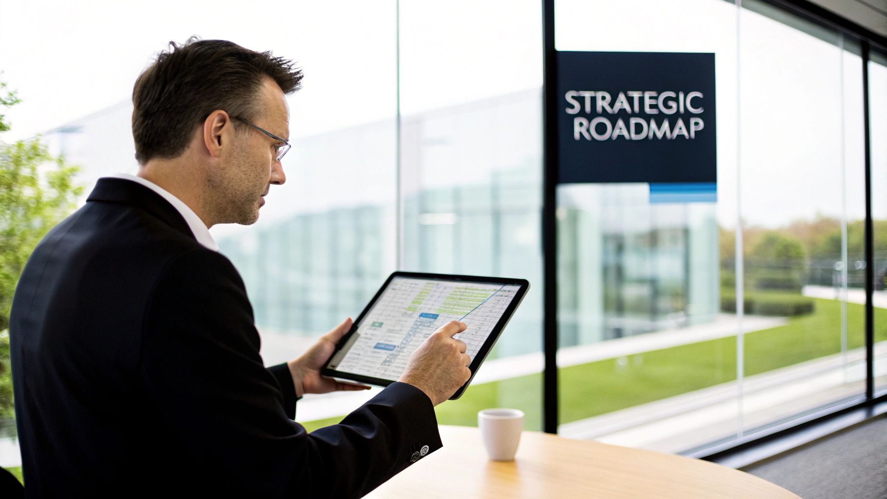 A businessman reviews a strategic roadmap on a tablet by a window, focusing on digital transformation.
