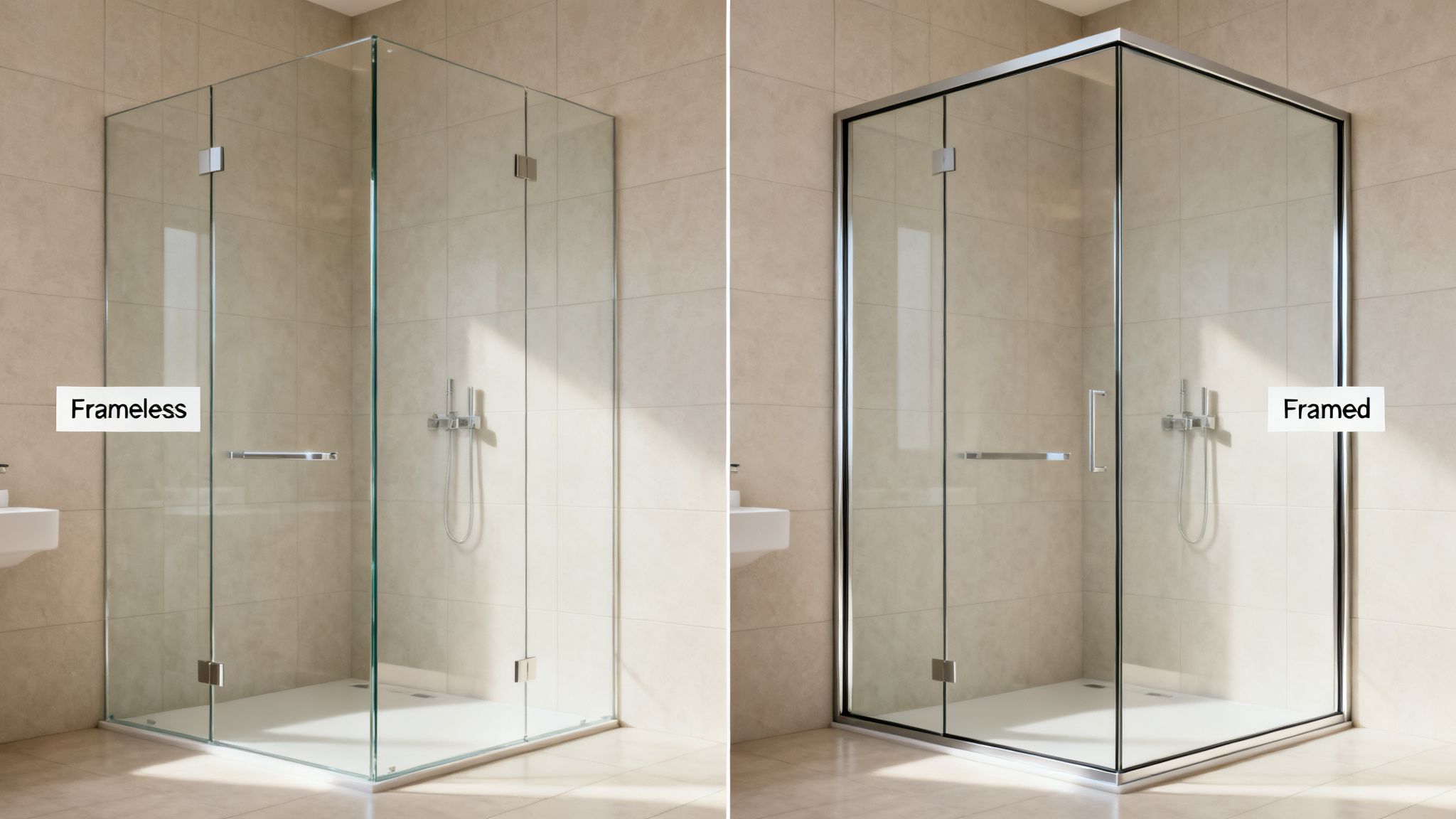Side-by-side comparison of a frameless glass shower and a framed glass shower enclosure in a modern bathroom.
