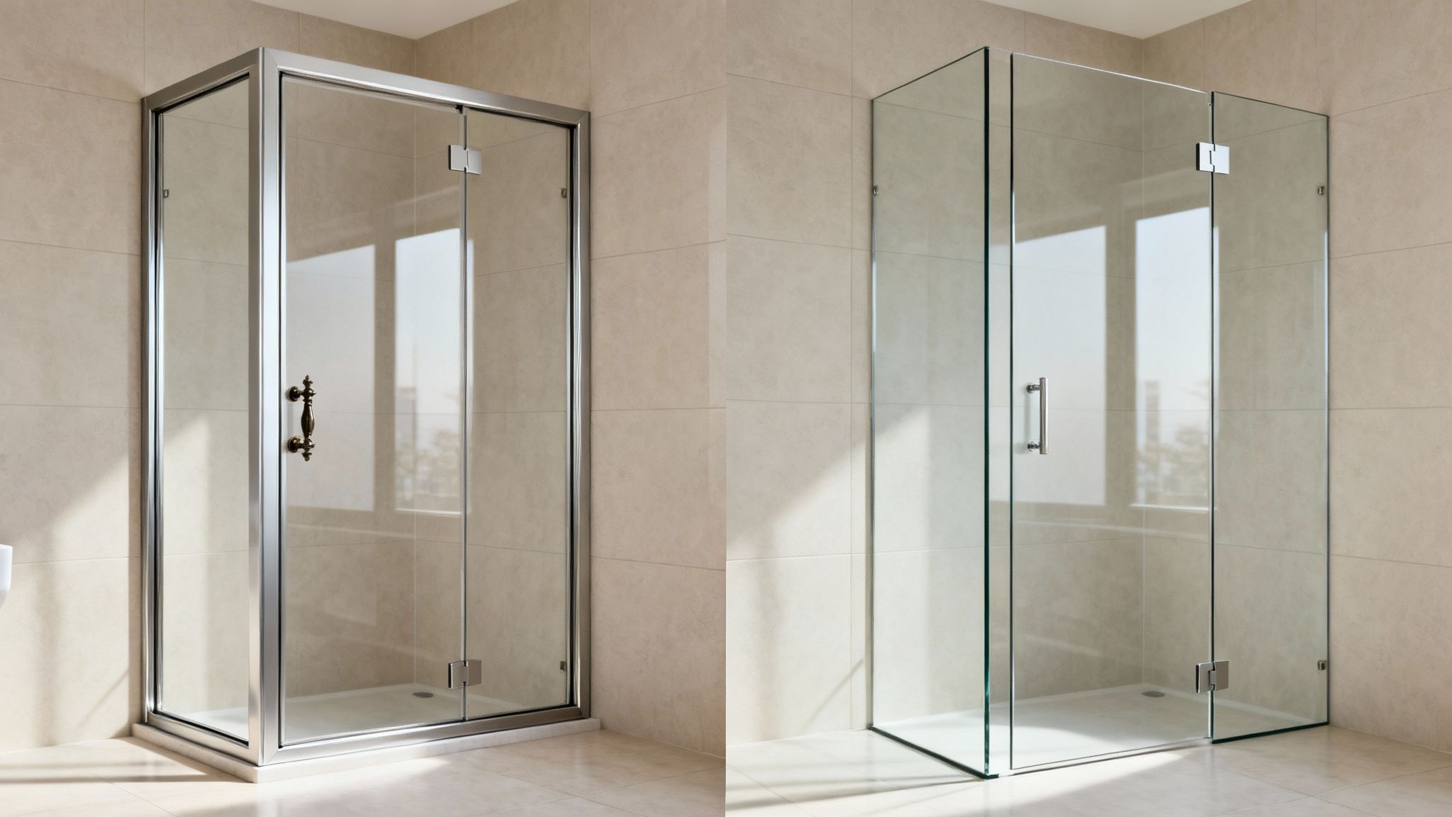 Two distinct glass shower enclosures, one framed and one frameless, in a tiled bathroom setting.