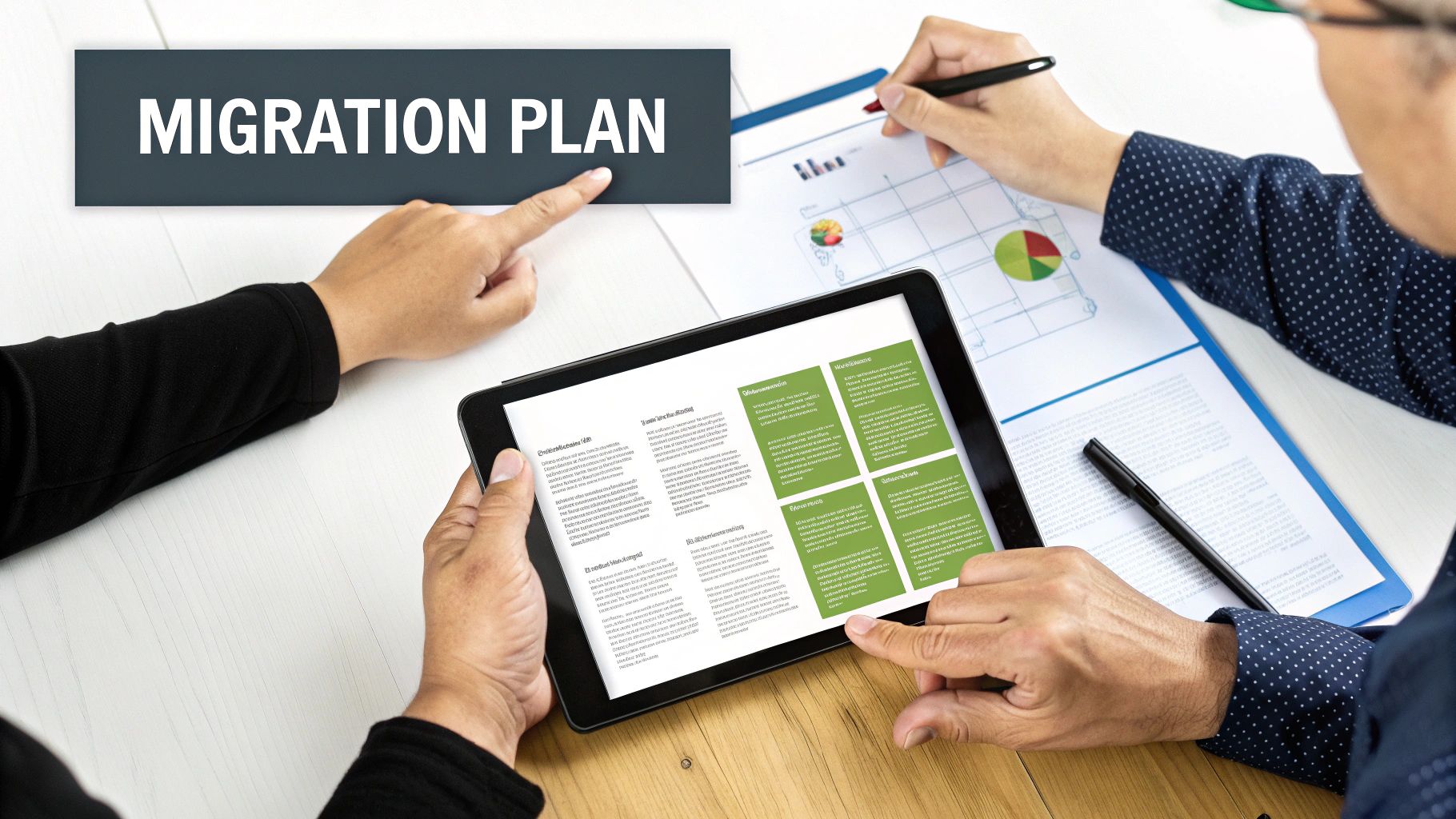 Overhead view of two professionals discussing a "MIGRATION PLAN" on a tablet and paper documents with charts.