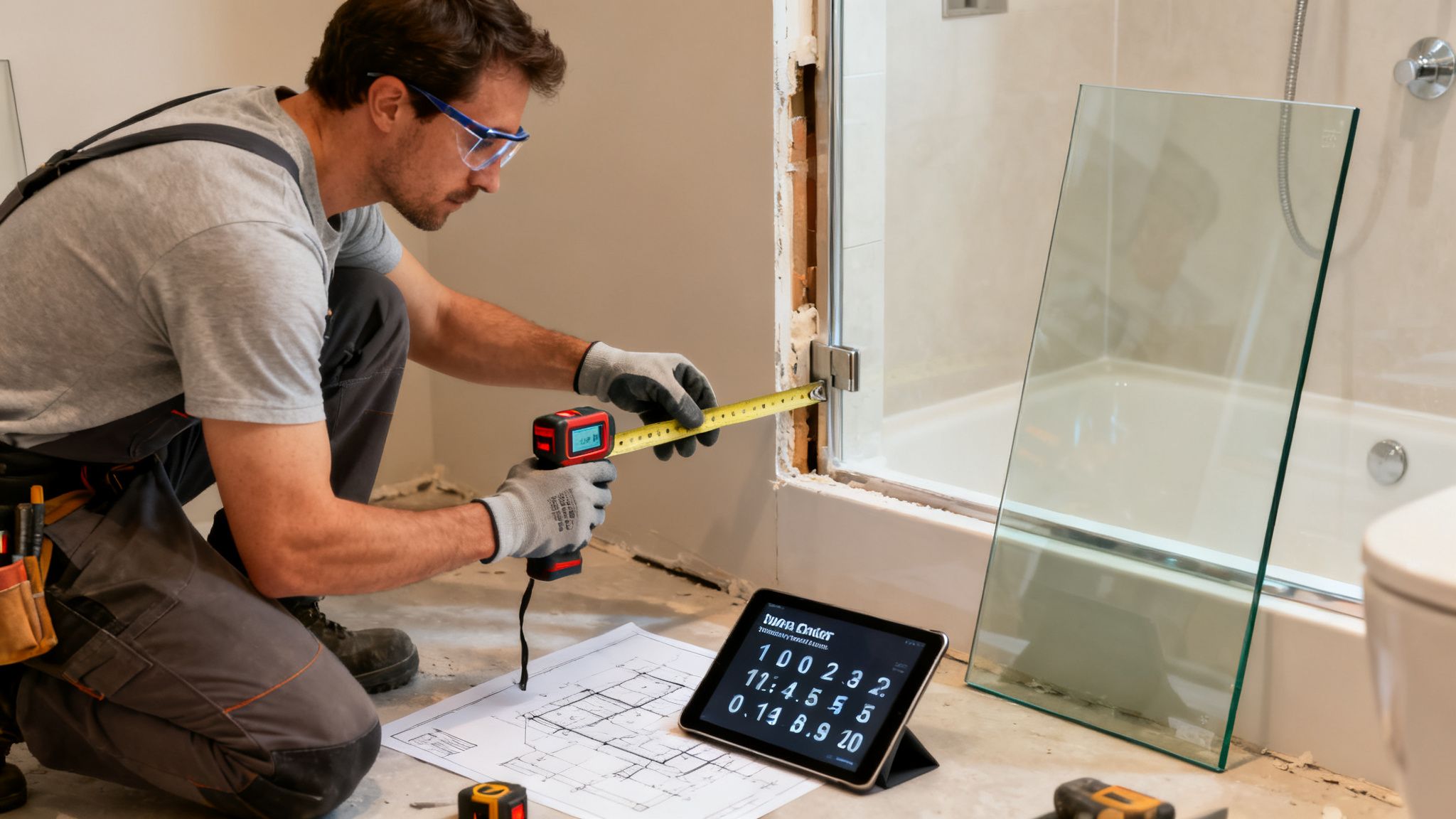 A man wearing safety glasses and gloves measures for glass shower panel installation with a tape measure and laser device.