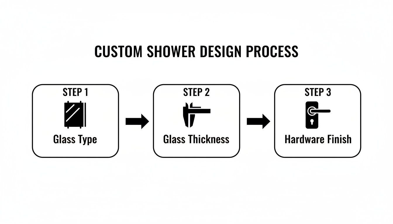 Diagram illustrating a custom shower design process with three steps: glass type, glass thickness, and hardware finish.