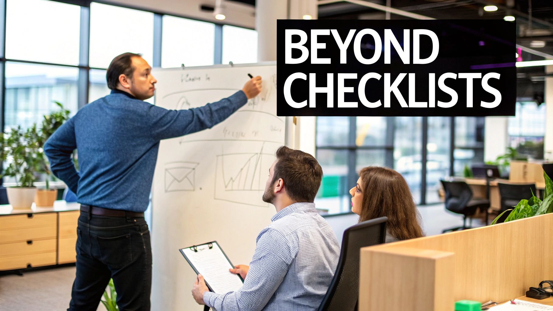 A man presents to two colleagues at a whiteboard in a modern office.