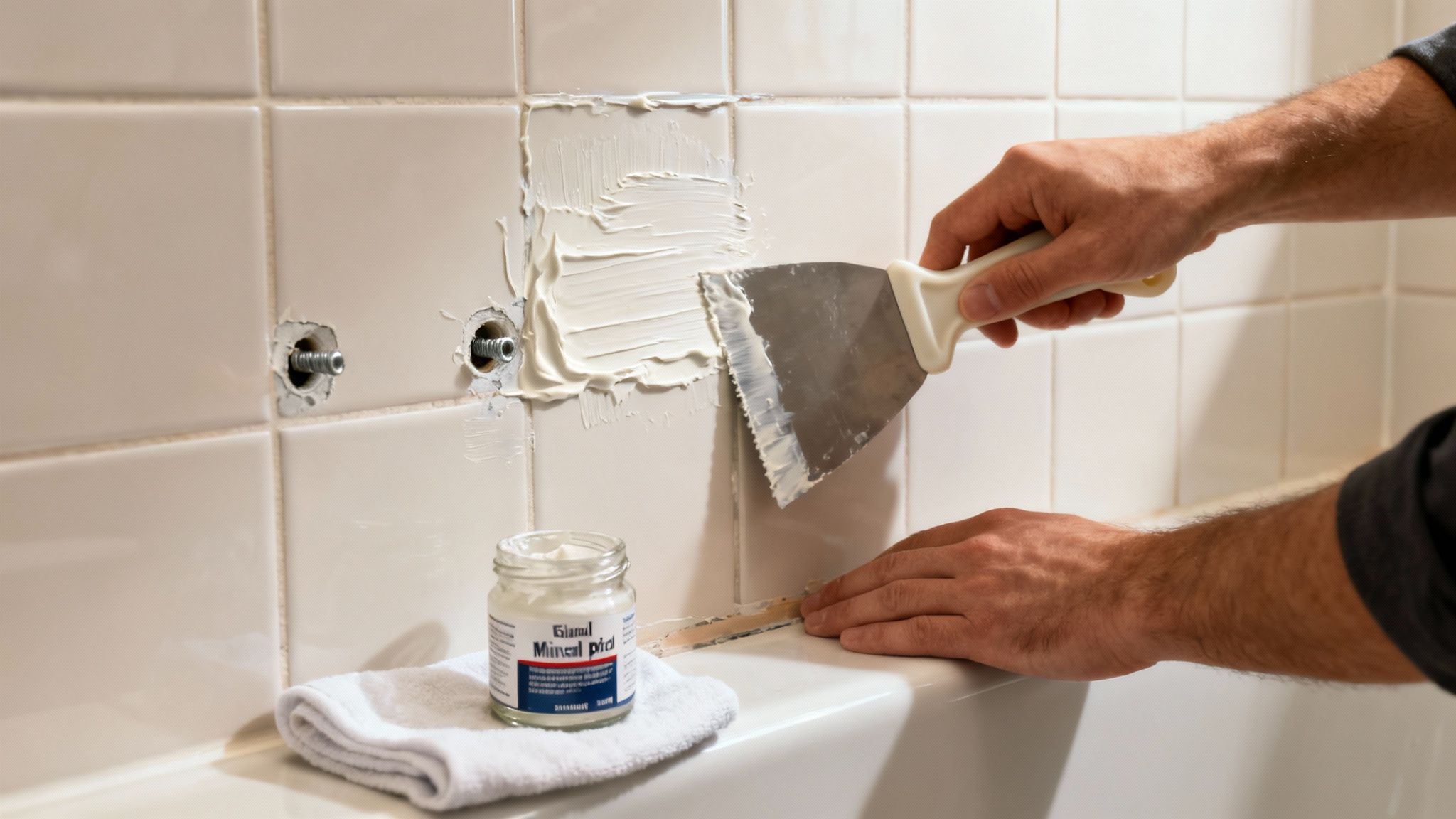 Person applies white spackle to bathroom wall tiles with a putty knife, repairing holes.