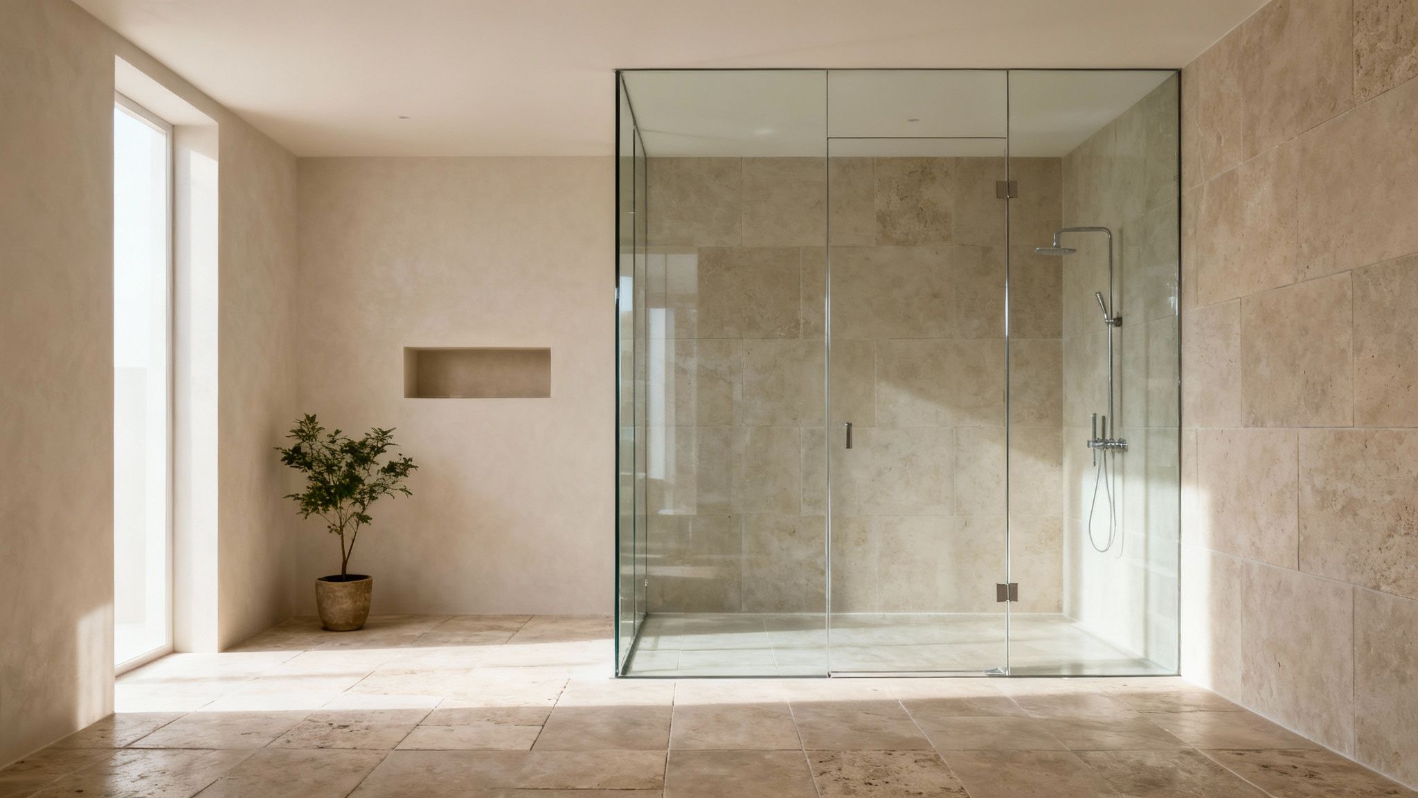A bright, modern bathroom with a frameless glass shower, natural stone tiles, and a large window.