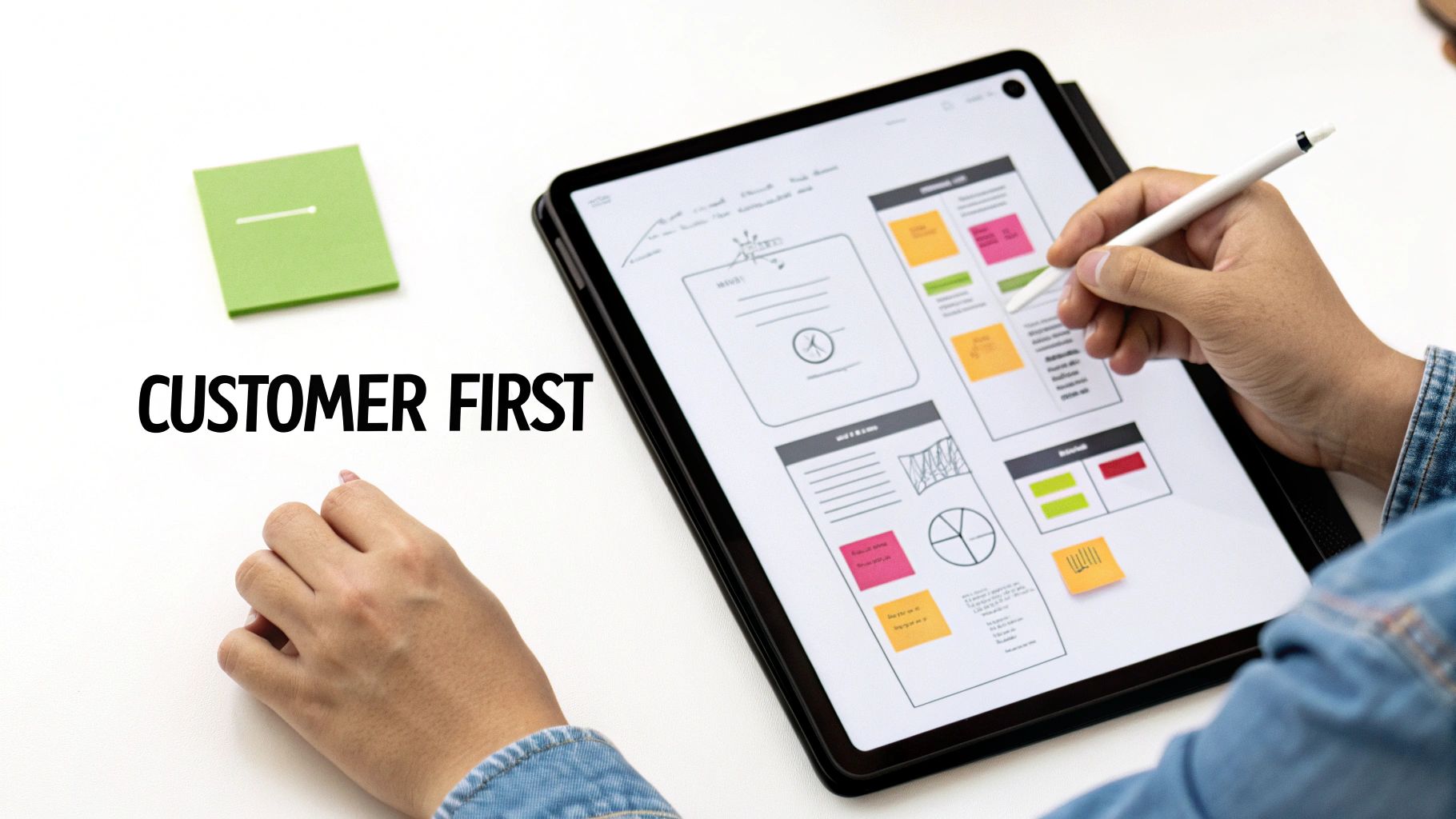 Person designing a user interface on a tablet with a stylus, emphasizing a customer-first approach.