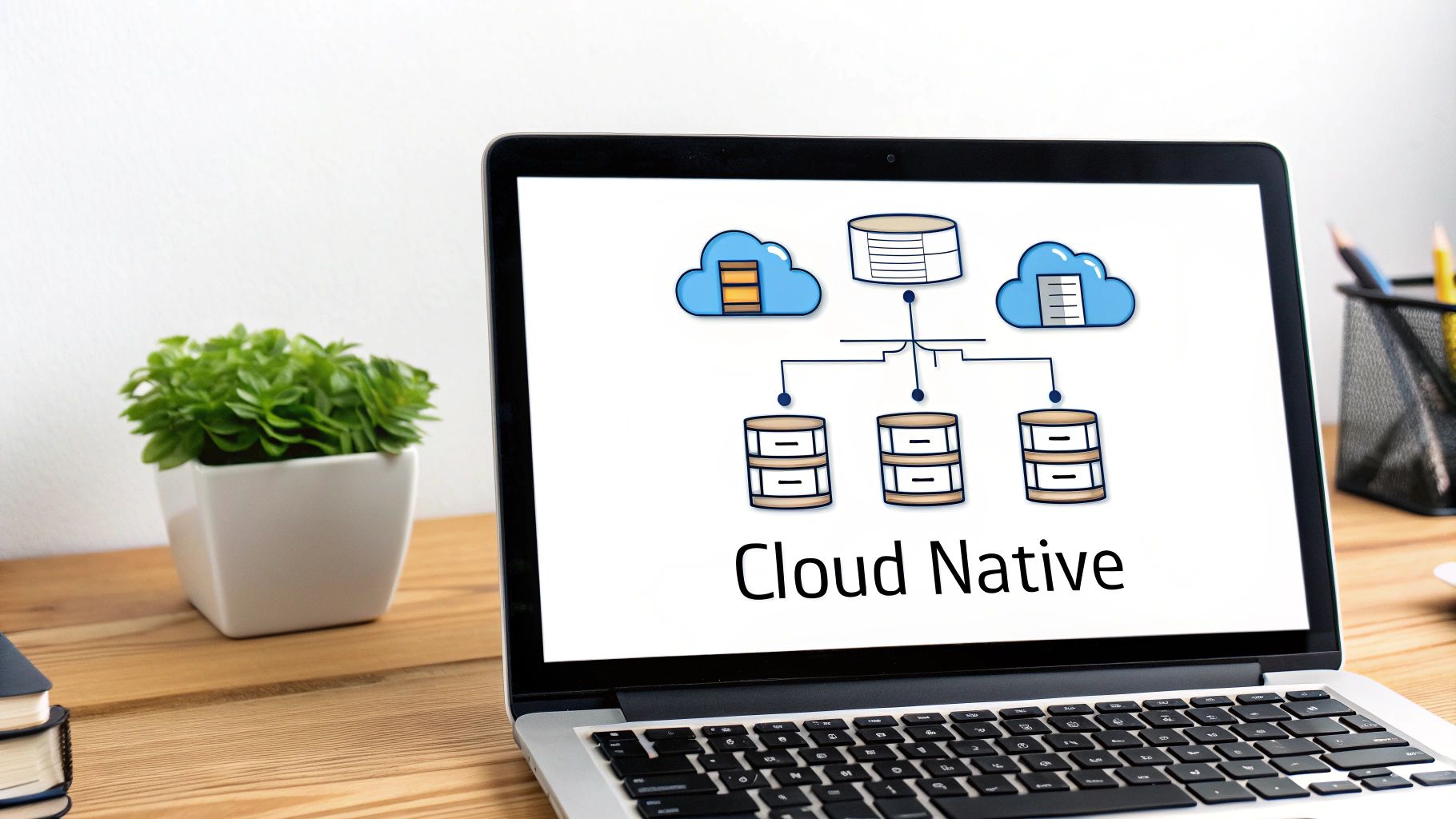 A laptop displays a 'Cloud Native' diagram with cloud and database icons on a wooden desk.