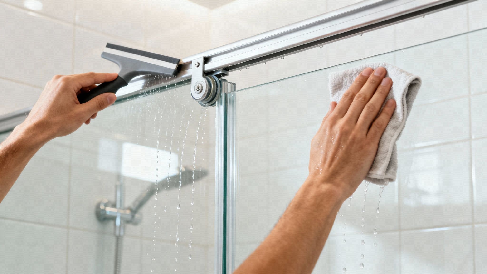 A person uses a squeegee and a cloth to clean a wet glass shower door in a bathroom.