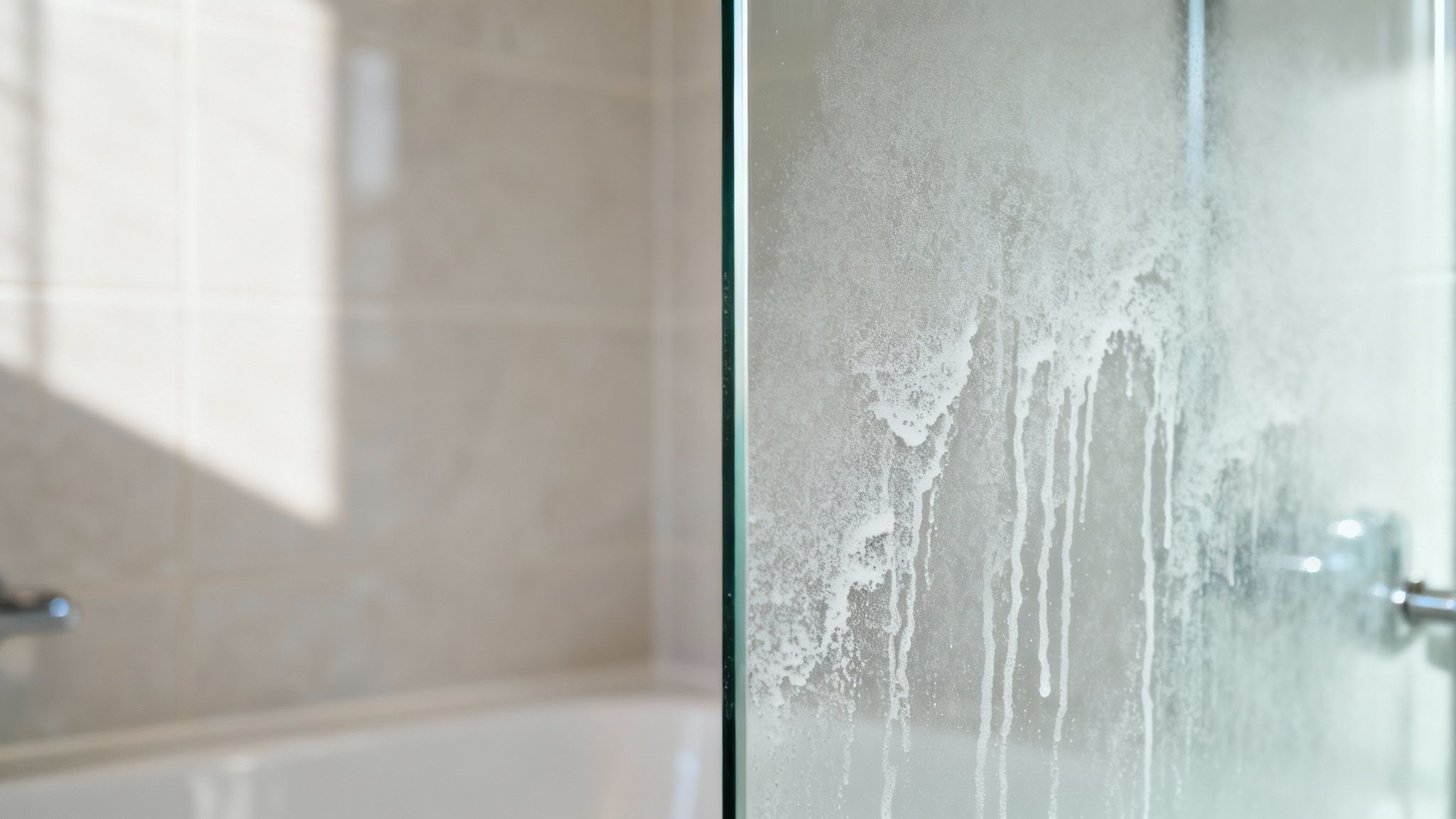 A close-up of a glass shower door covered in white hard water stains and soap scum.
