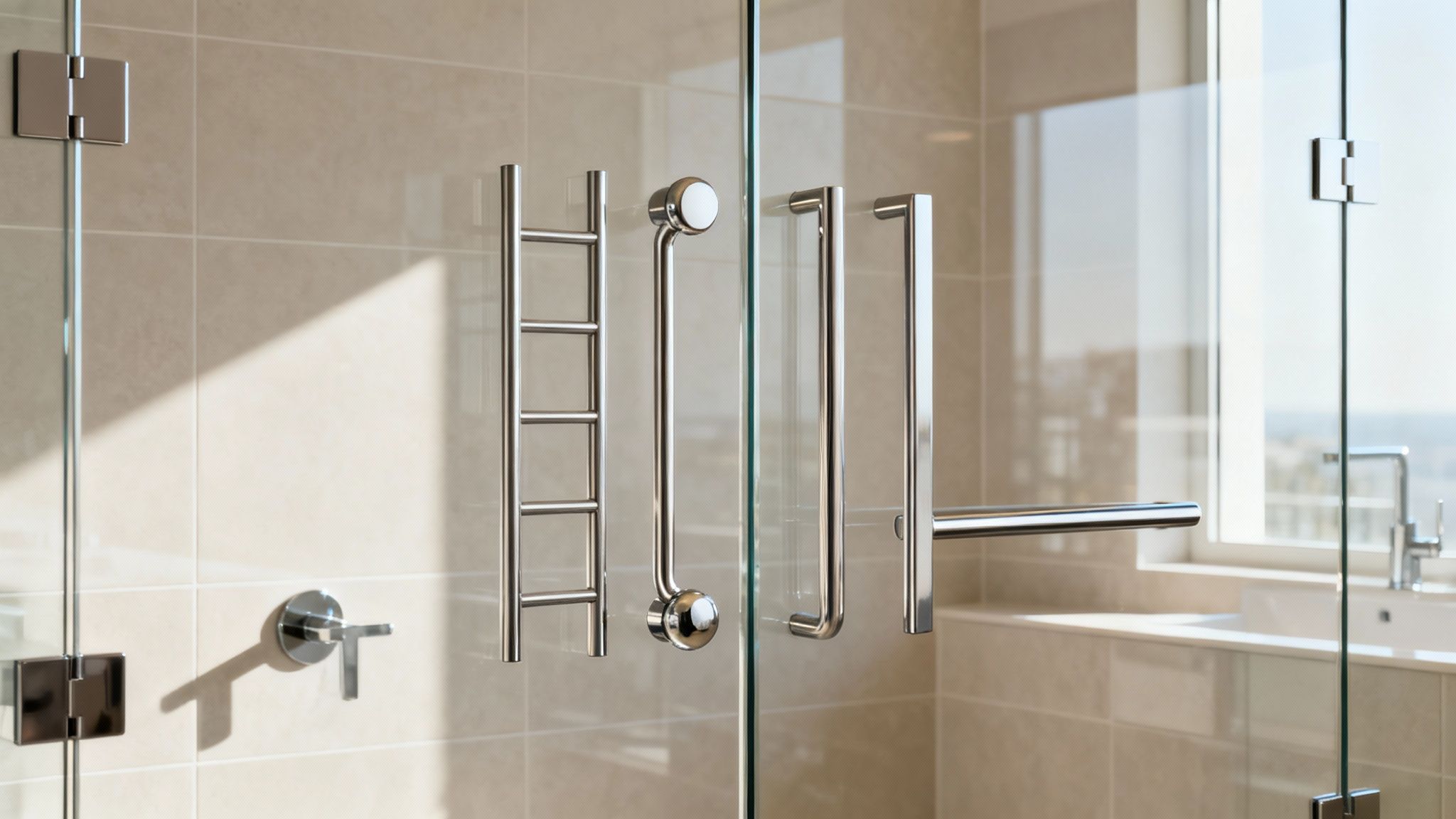 Modern shower enclosure with glass doors, chrome handles, a towel warmer, and tiled walls.