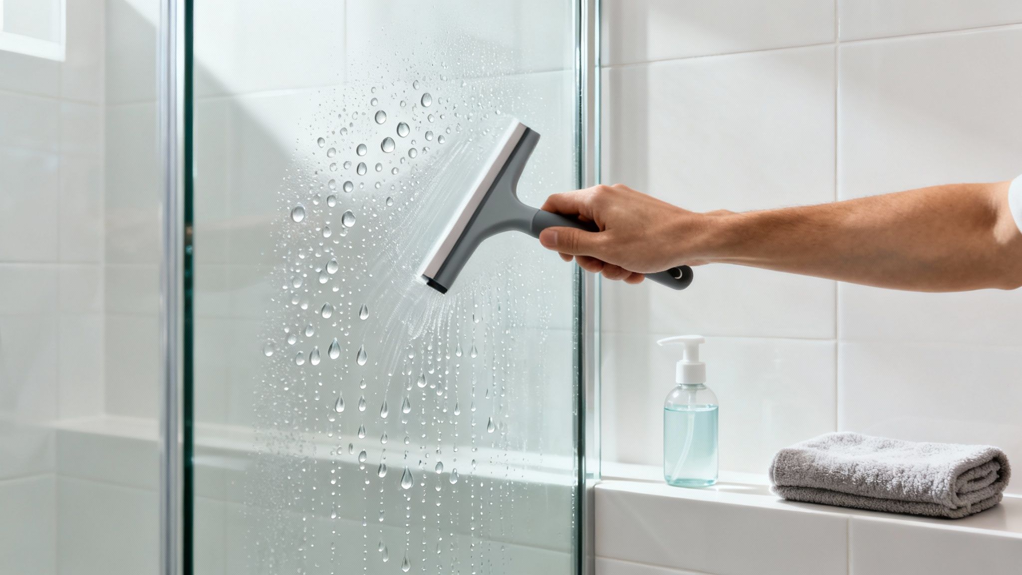 Hand cleaning a wet glass shower door with a grey squeegee, next to a bottle and towel.
