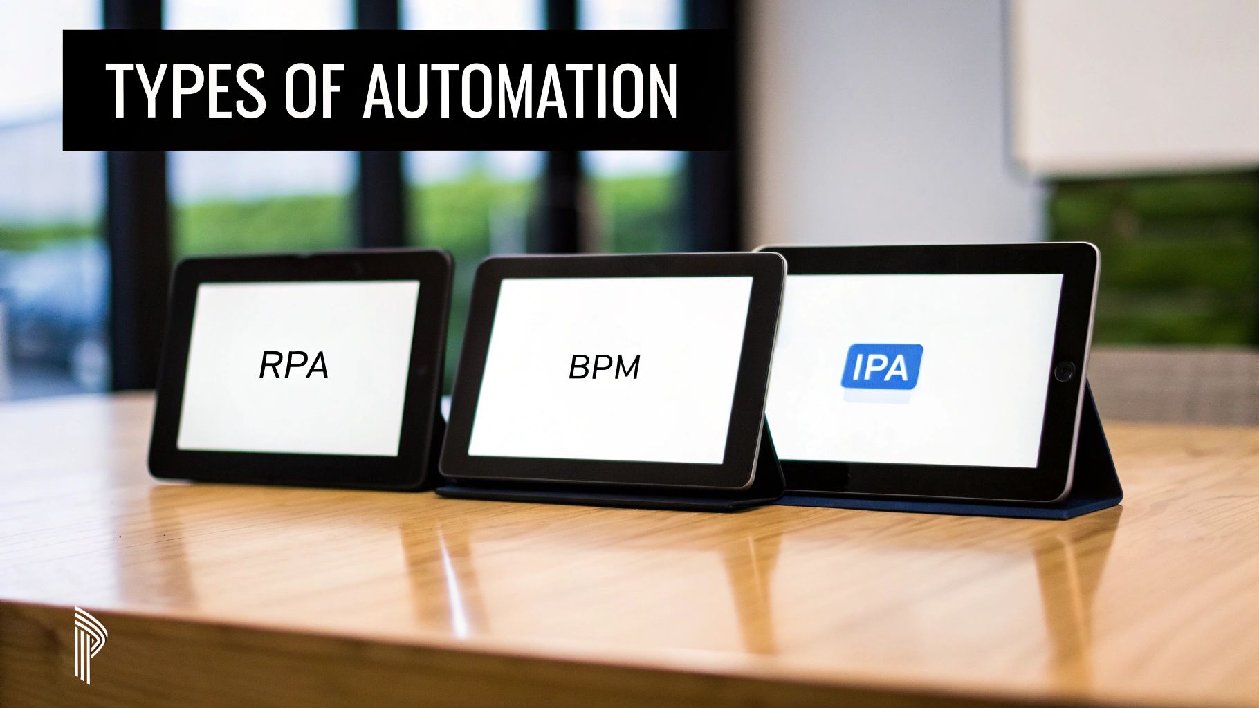 Three tablets on a wooden table display RPA, BPM, and IPA, illustrating types of automation.