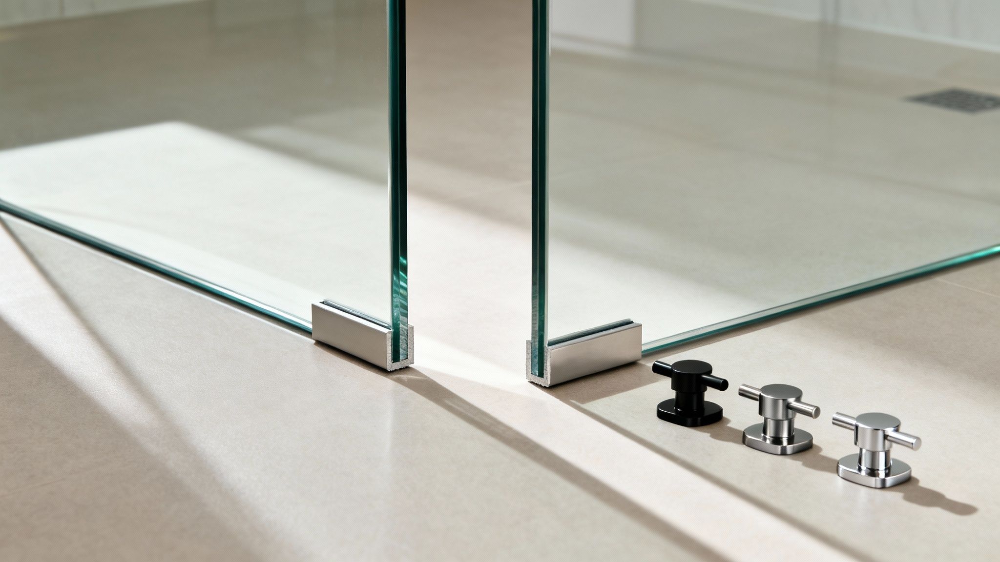 Close-up of frameless glass shower doors with elegant metal supports and three decorative control knobs.