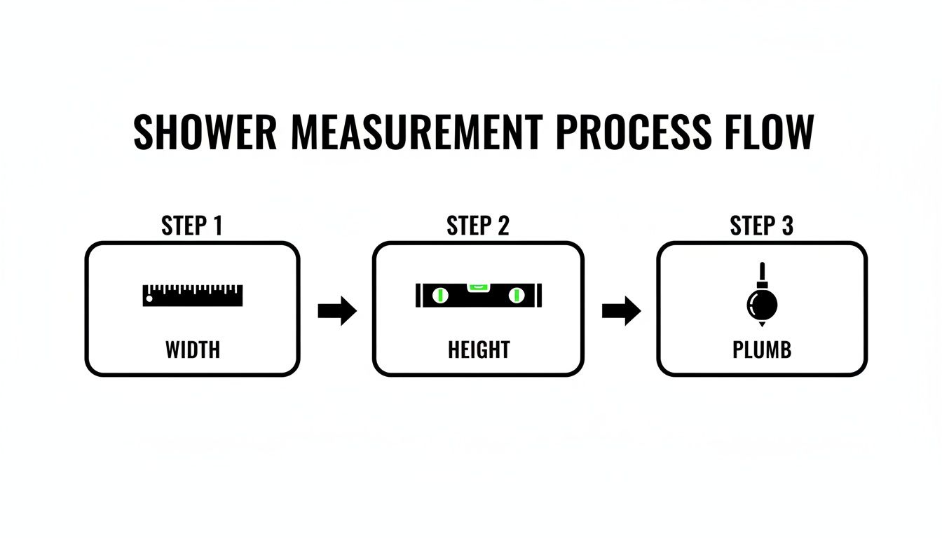 Flowchart illustrating shower measurement process with steps for width, height, and plumb.