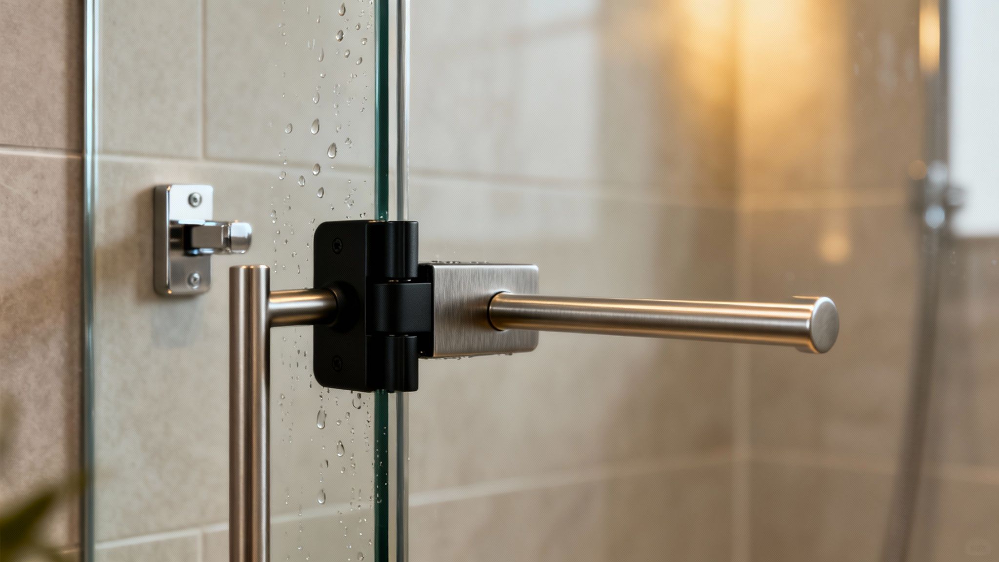 Close-up of a frameless glass shower door with water droplets and a brushed metal handle.