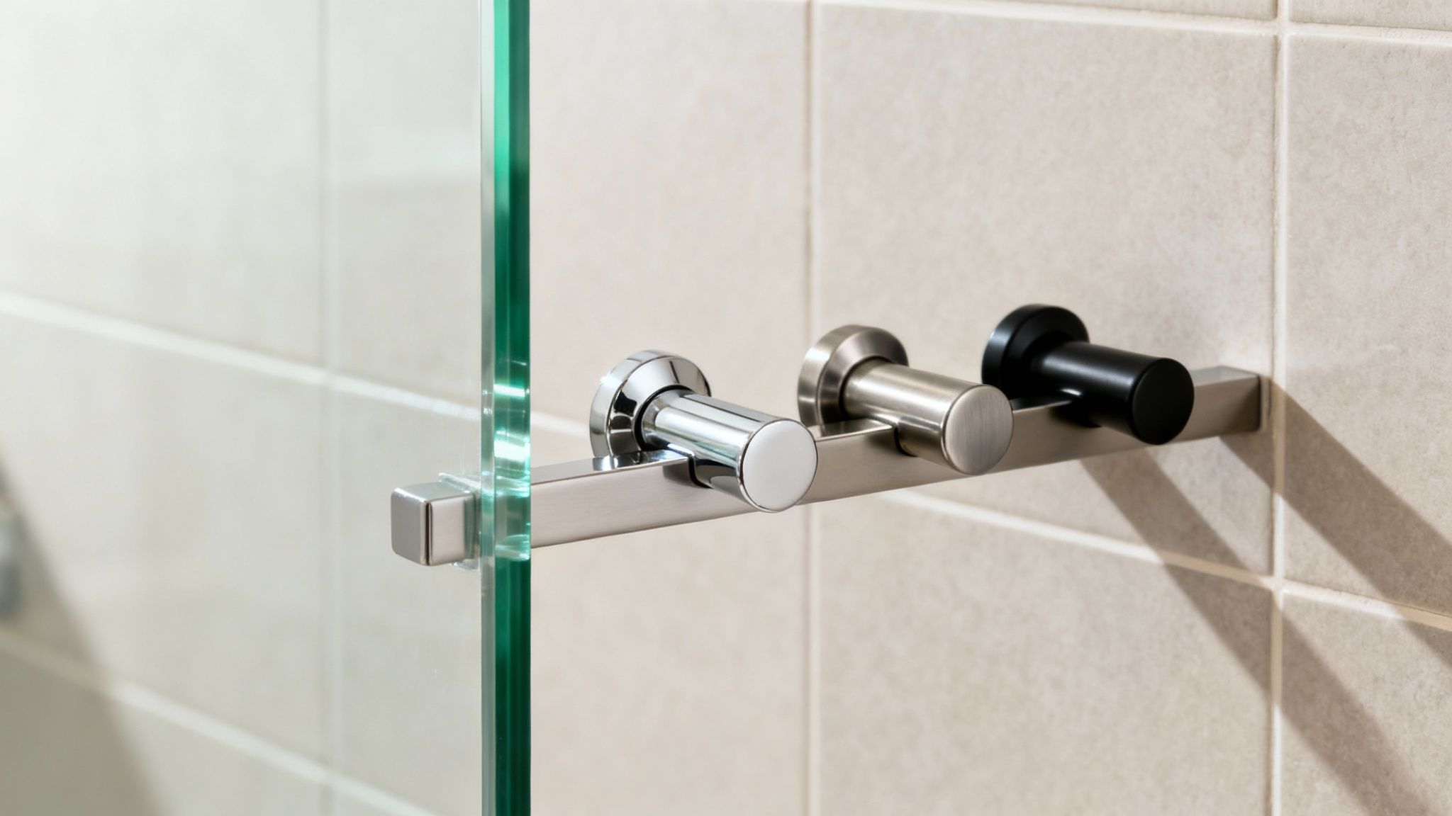 Three modern shower door handles in chrome, brushed nickel, and black on a glass door.