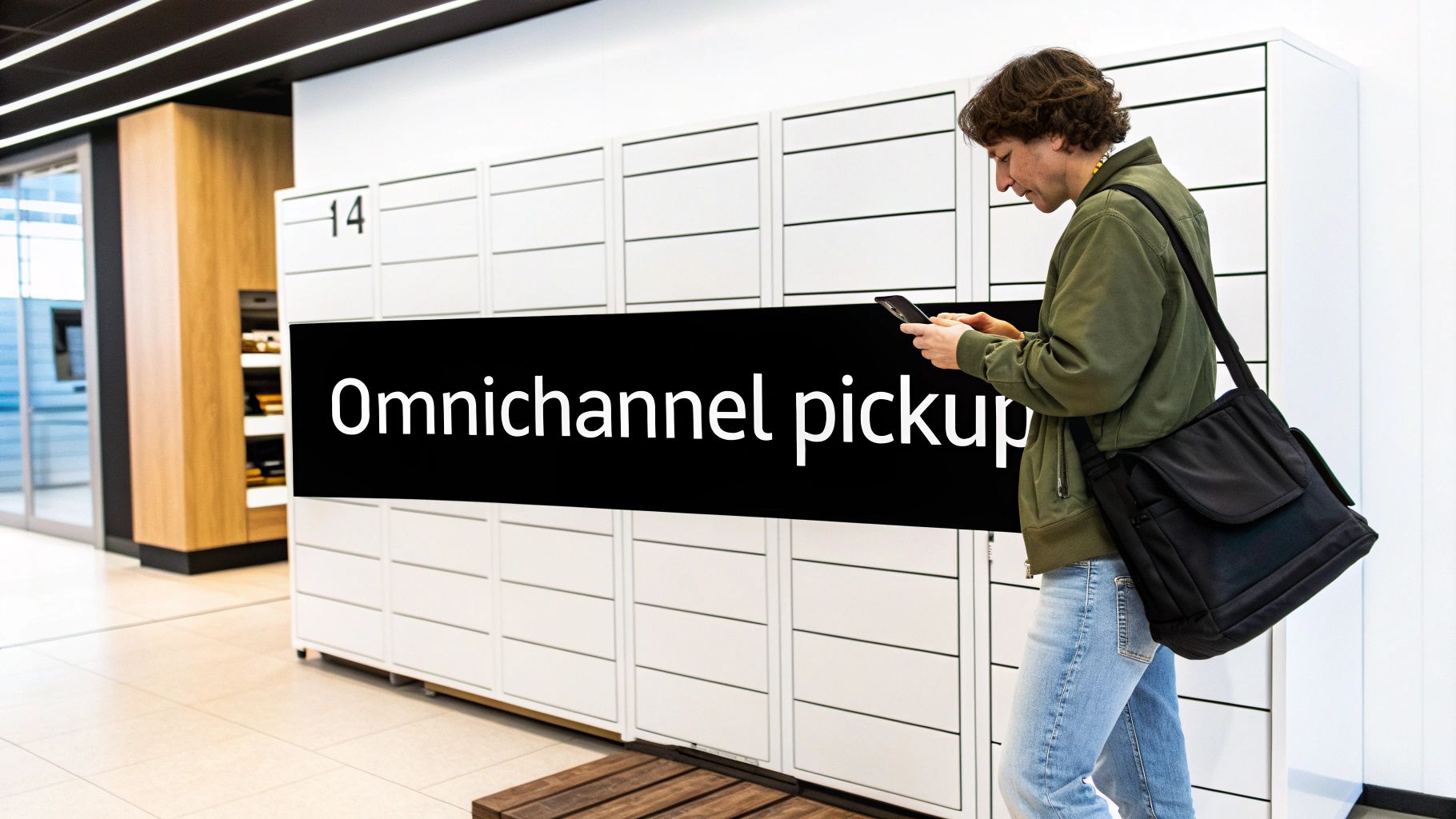 A customer uses a smartphone at an omnichannel pickup locker, with a screen displaying 'Omnichannel pickup'.
