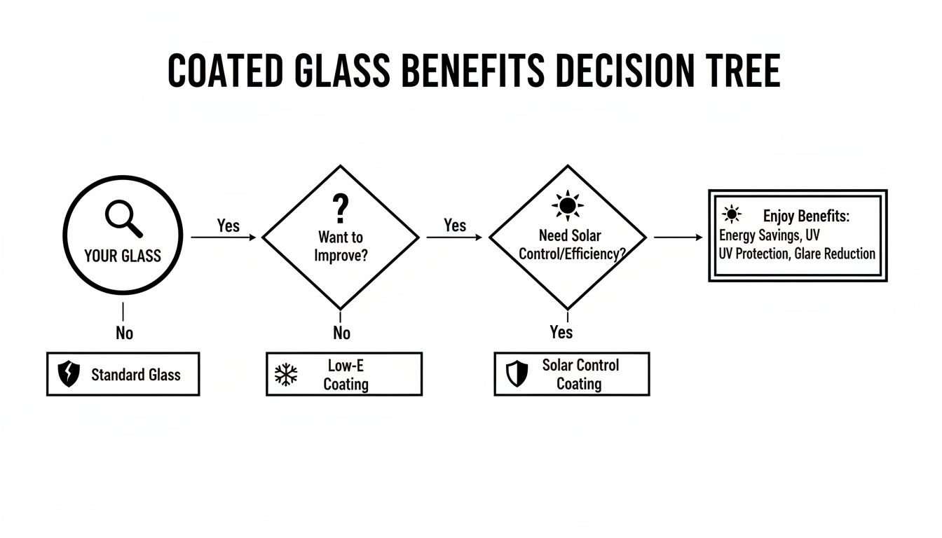 Decision tree illustrating coated glass benefits, guiding choices for standard, low-E, or solar control options.