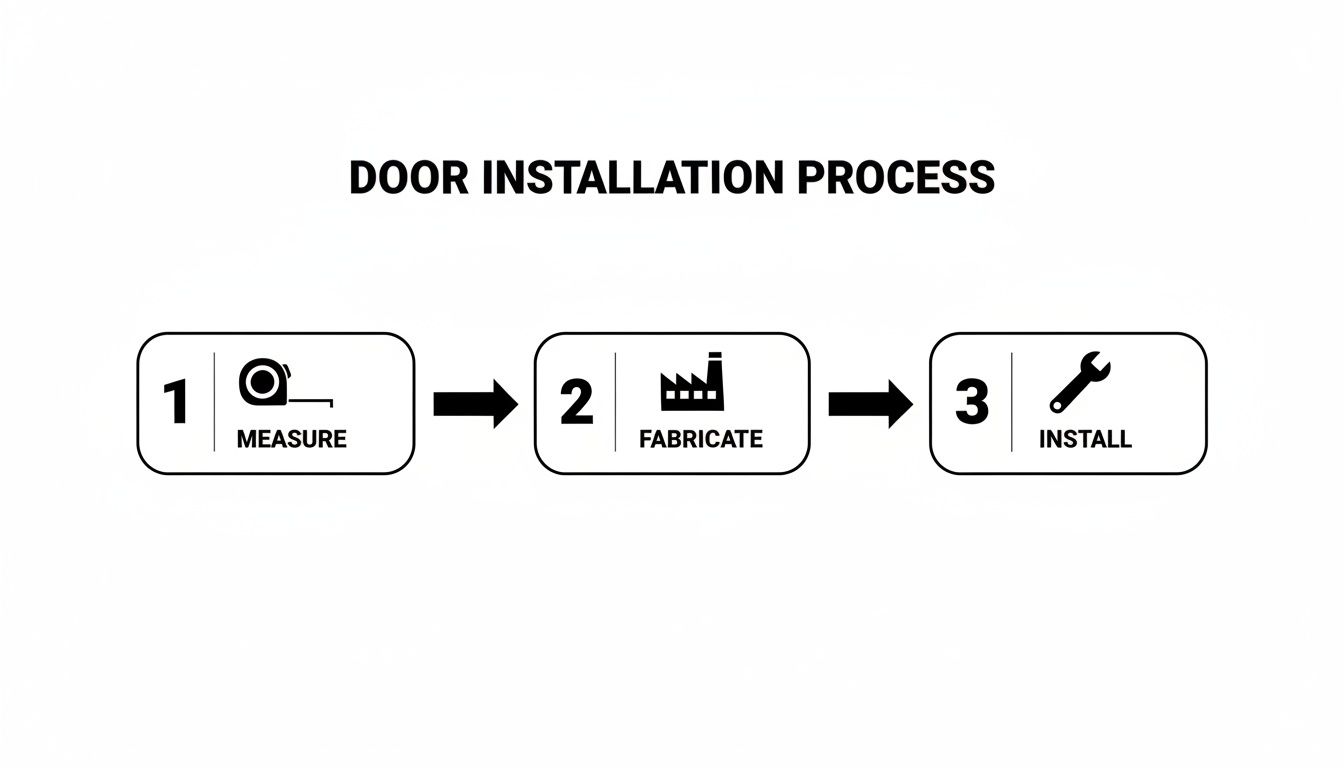 A visual guide illustrating the three sequential steps of a door installation process: measure, fabricate, and install.