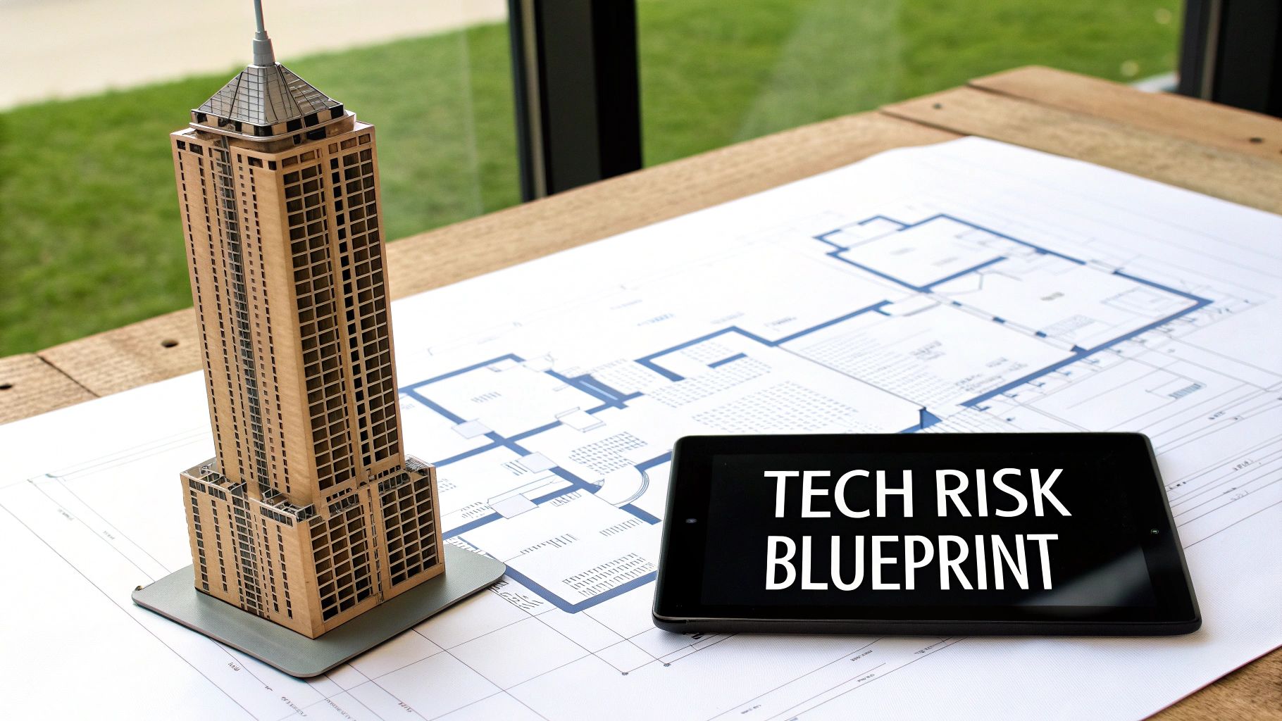 A skyscraper model rests on architectural blueprints beside a tablet displaying 'TECH RISK BLUEPRINT'.
