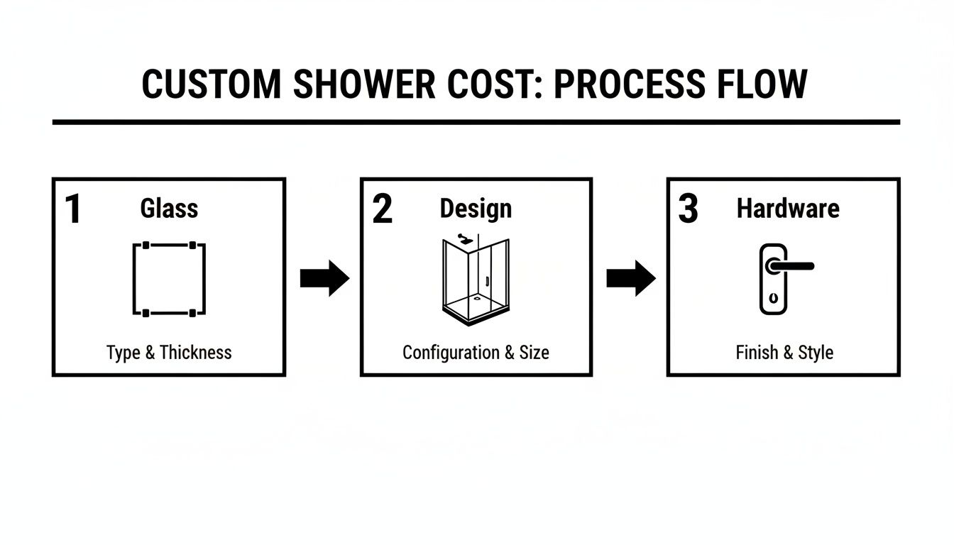 Process flow diagram illustrating three steps for custom shower cost: glass, design, and hardware.