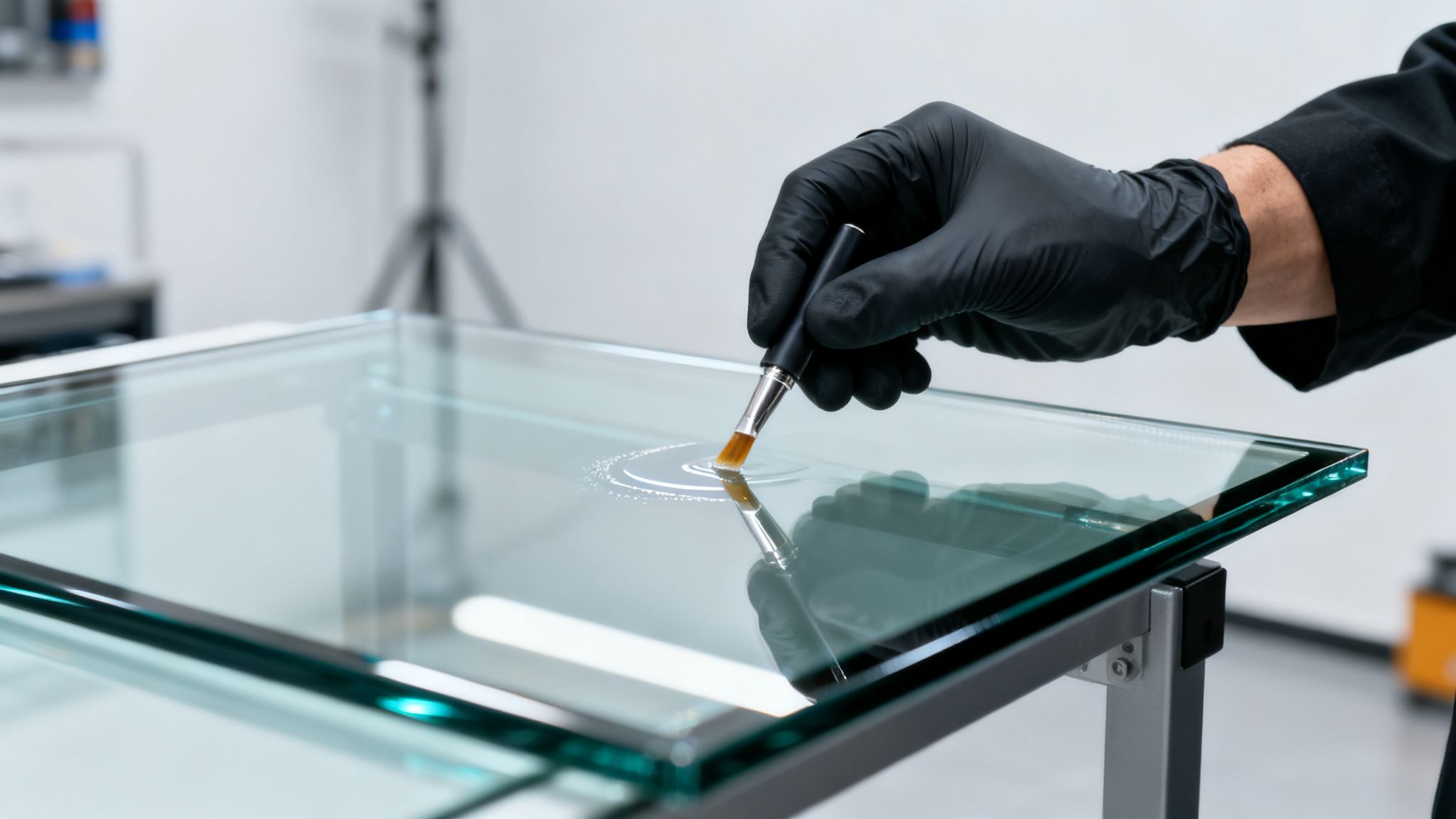A gloved hand uses a brush to apply a clear liquid in a circular pattern on a piece of glass.