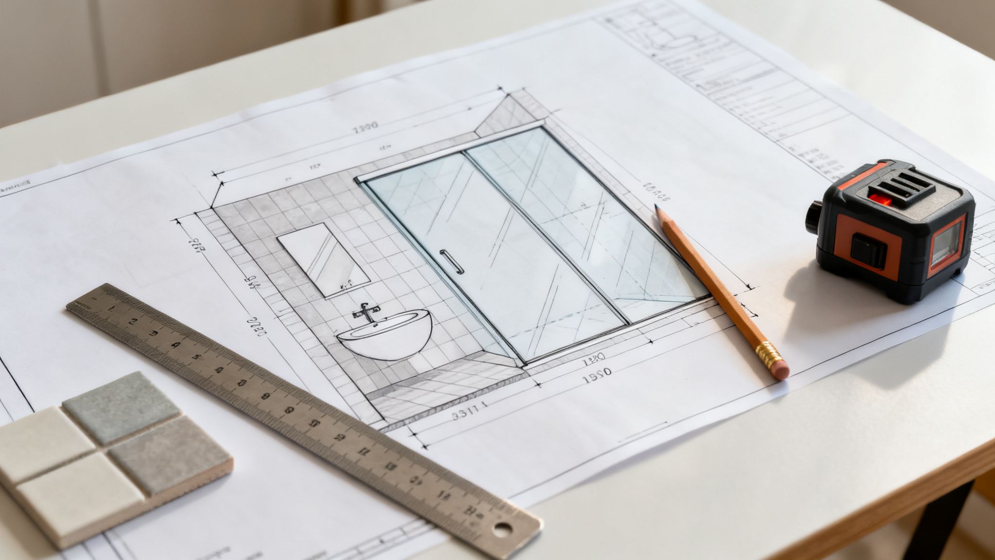 Bathroom design blueprint showing a shower and sink, with a ruler, pencil, and tile samples.
